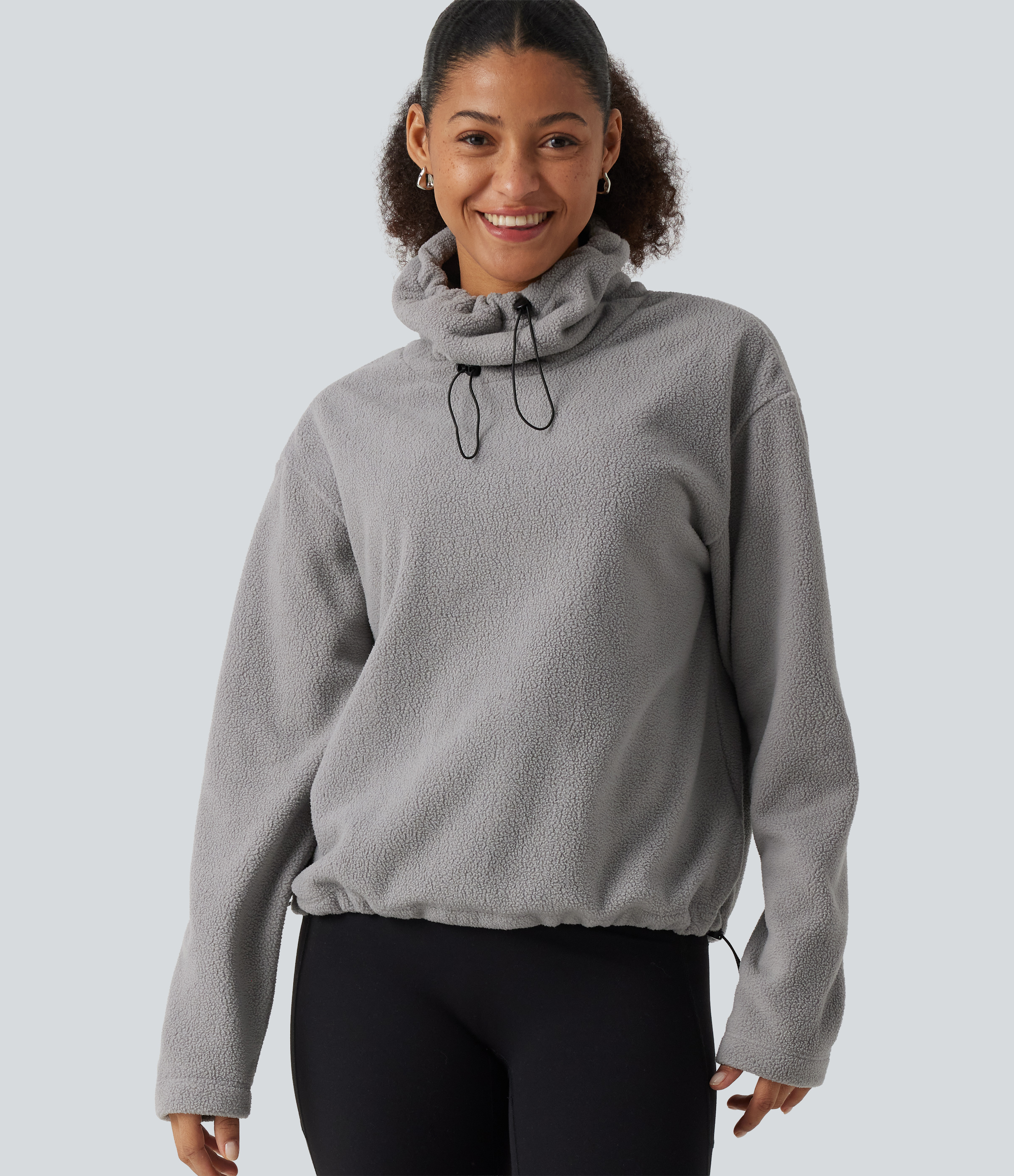 High Neck Drawstring Long Sleeve Gathered Hem Fleece Casual Sweatshirt