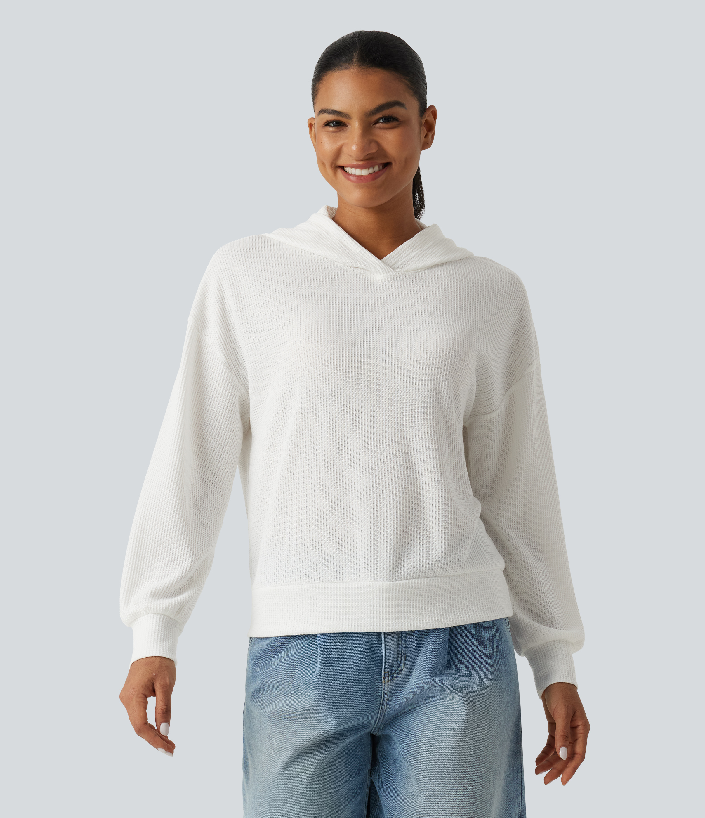Hooded Drop Shoulder Long Sleeve Waffle Casual Sweatshirt