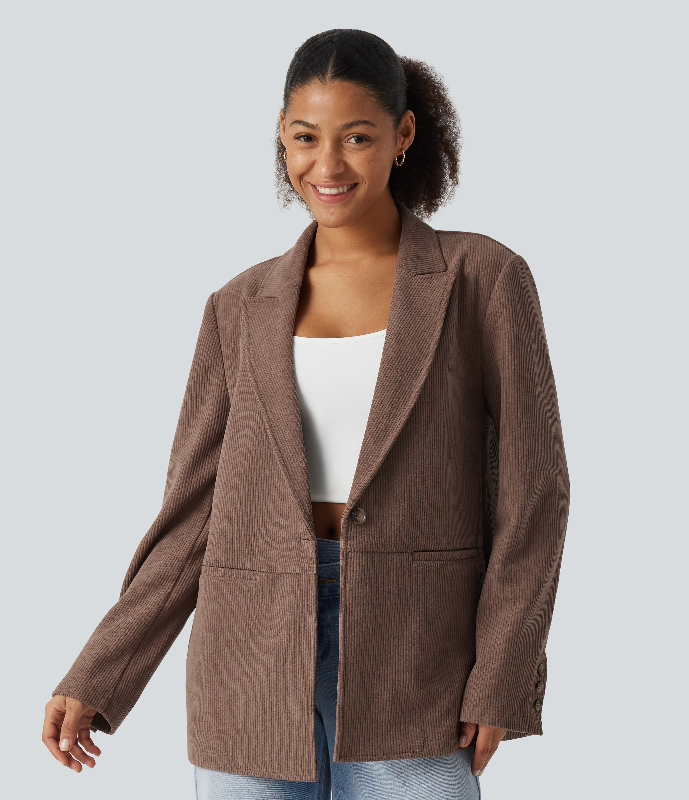 Notched Collar Long Sleeve Corduroy Casual Blazer with Pockets