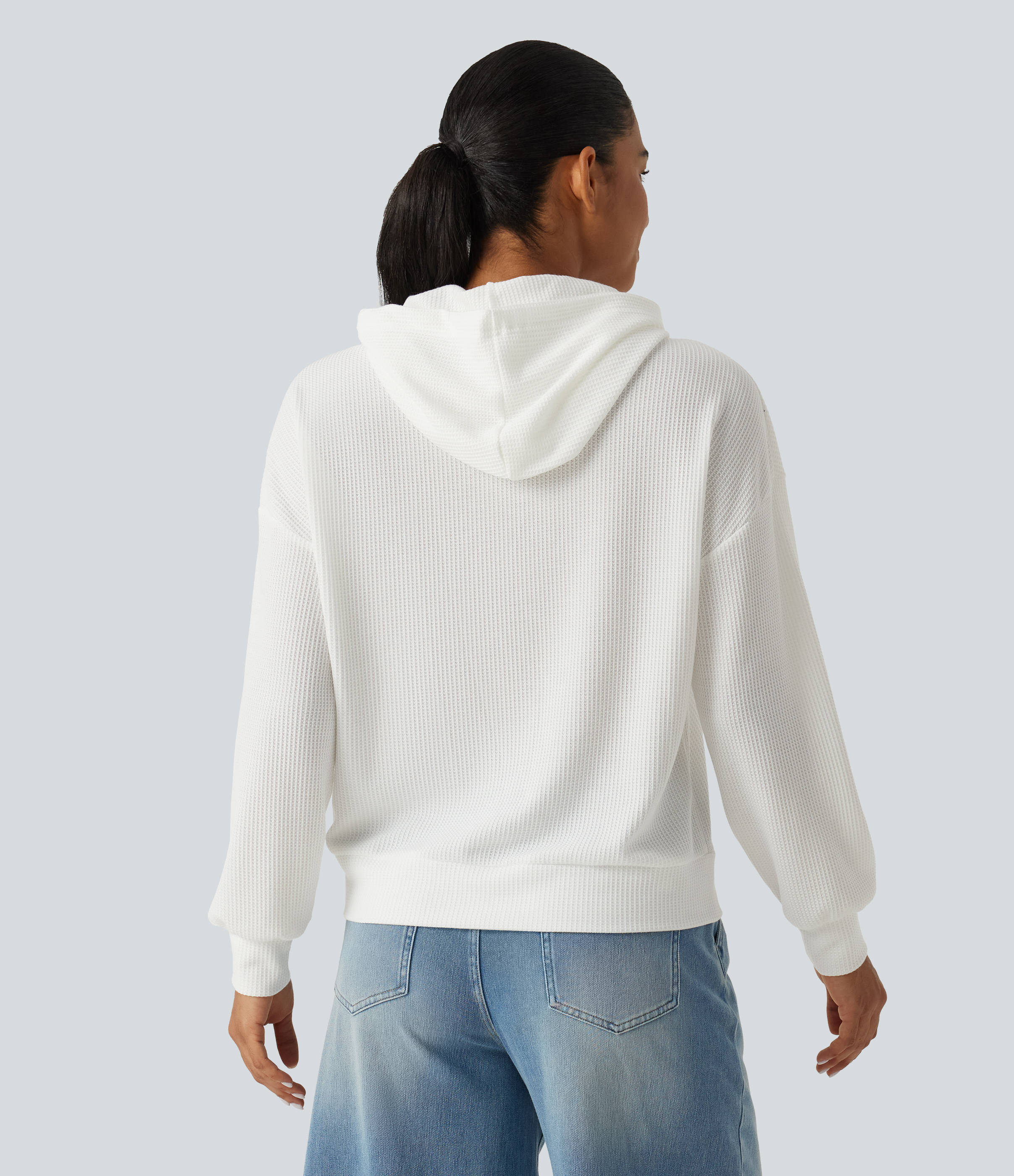 White Hooded Drop Shoulder Long Sleeve Waffle Casual Sweatshirt / 2