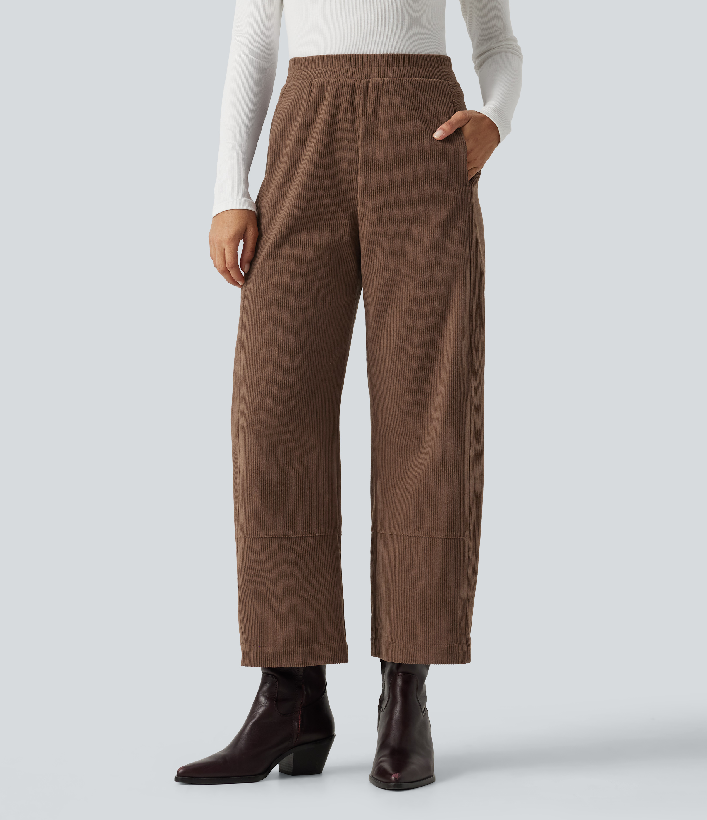 High Waisted Barrel Leg Corduroy Casual Pants with Pockets