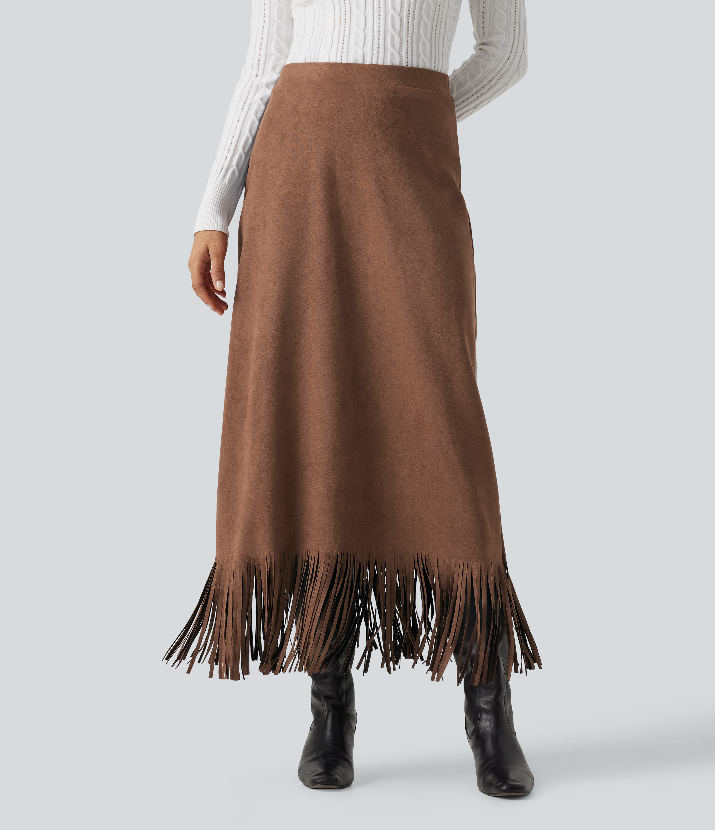 High Waisted Fringe Hem A-Line Suede Causal Midi Skirt