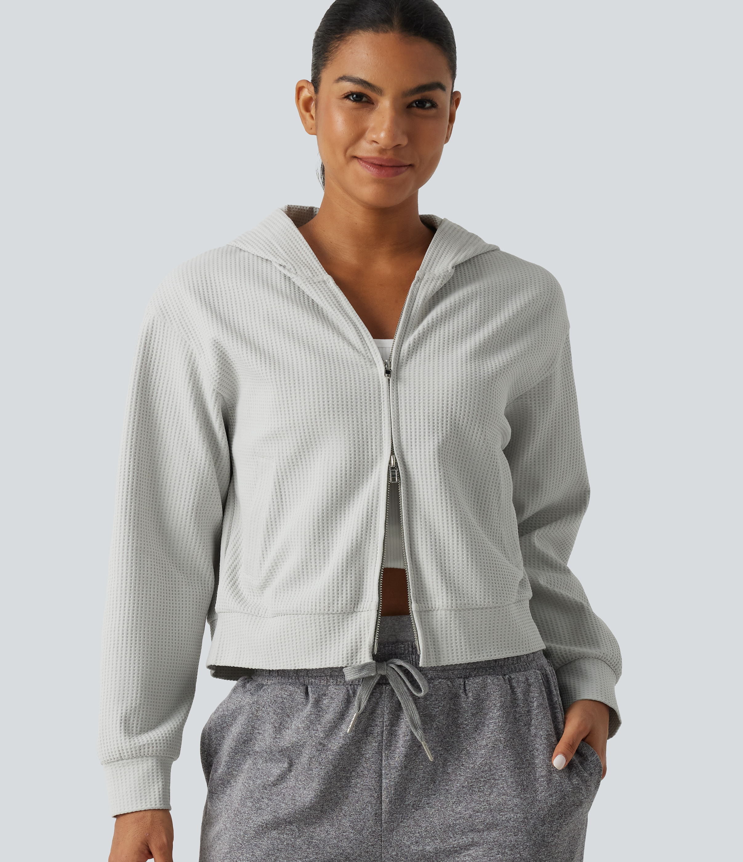 Hooded Long Sleeve Waffle Casual Jacket with Pockets