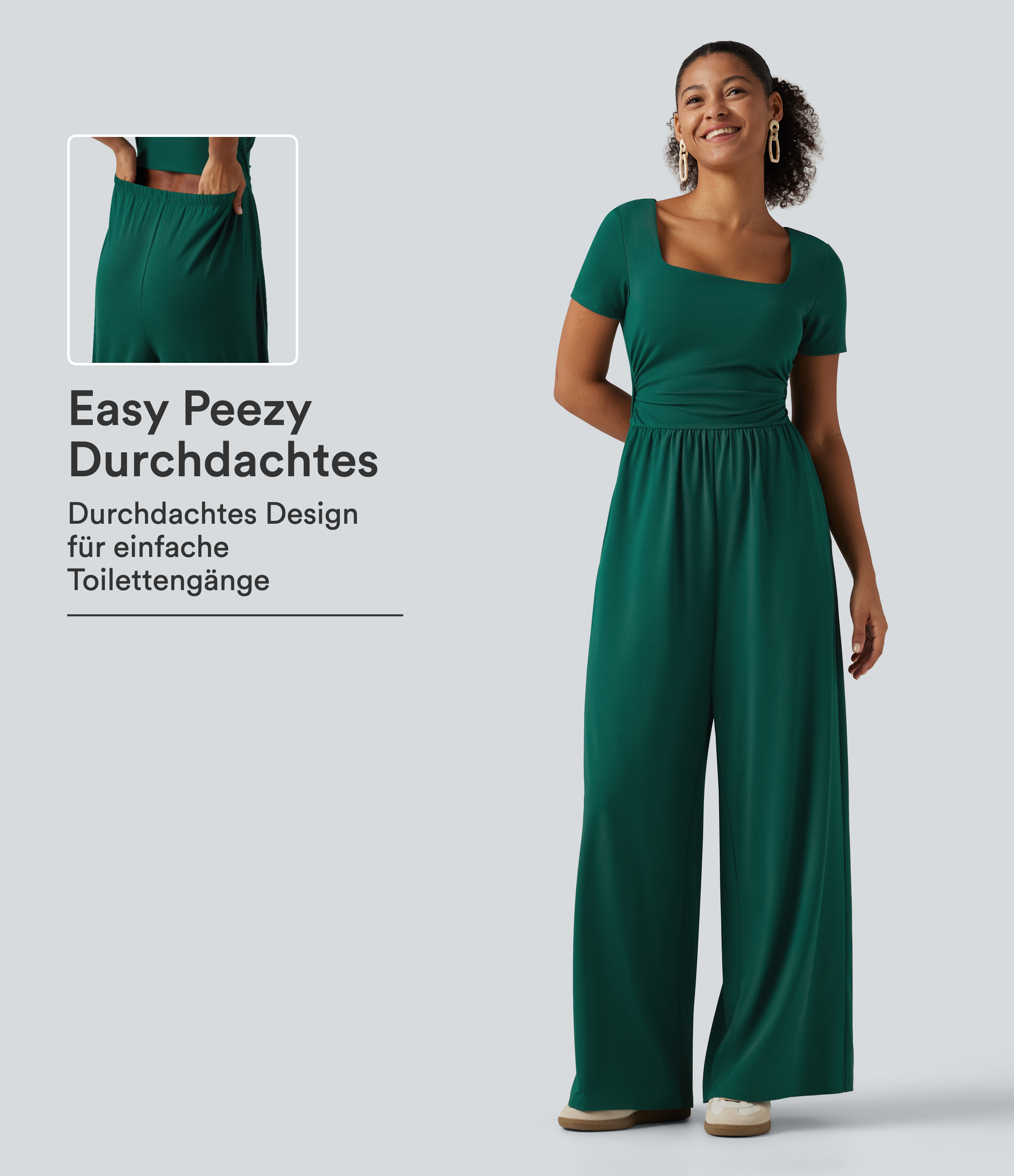 Lässiger Jumpsuit mit eckigem Ausschnitt, Seitentaschen, kurzen Ärmeln und weitem Bein - Easy Peezy Edition