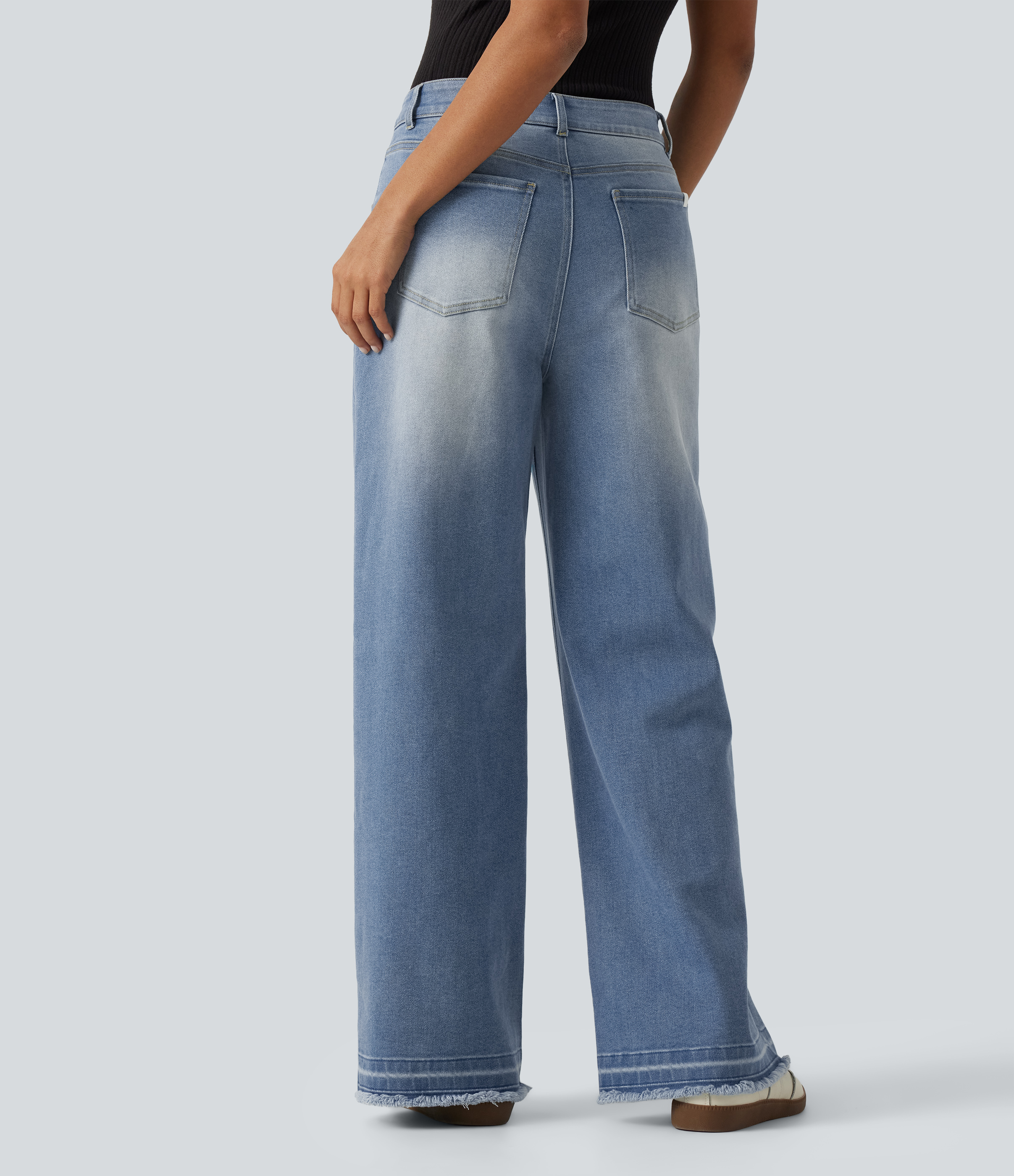 Malibu Blue Denim Jean délavé, taille mi-haute, jambe large, style décontracté, avec poches / 2