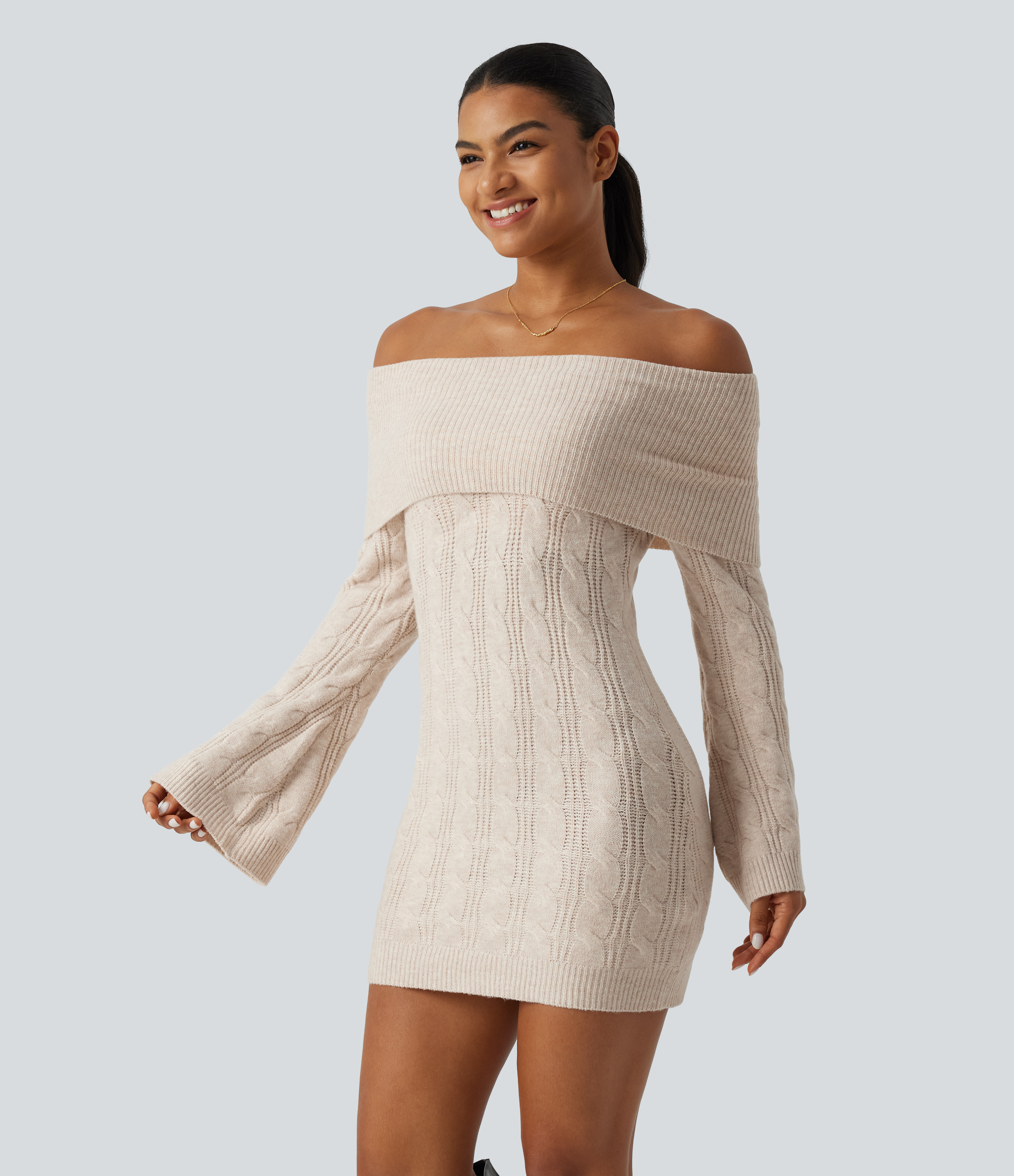 Off Shoulder Flounce Long Sleeve  Built-in Bra Mini Casual Sweater Dress 