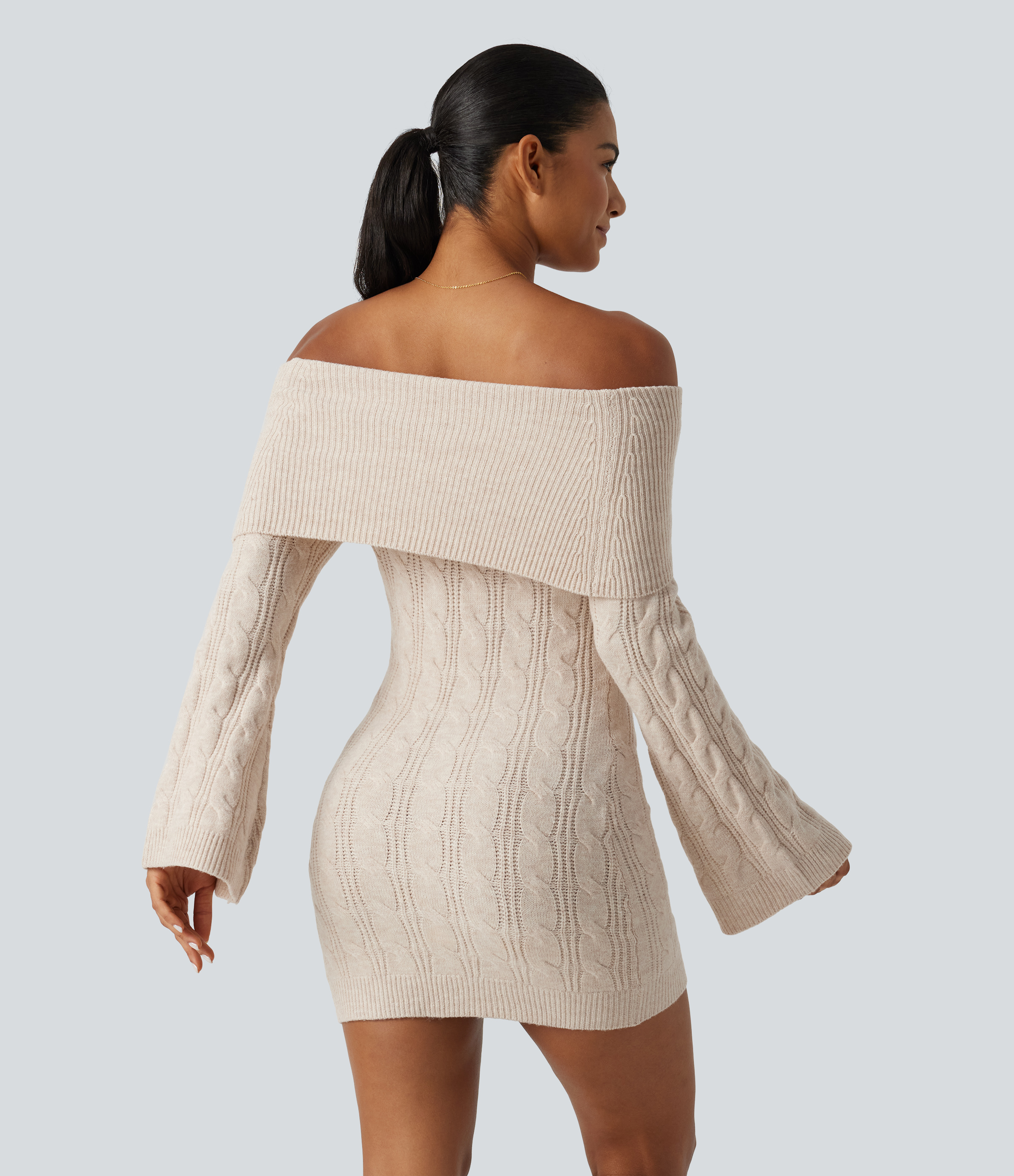 Rice Khaki Off Shoulder Flounce Long Sleeve  Built-in Bra Mini Casual Sweater Dress  / 2