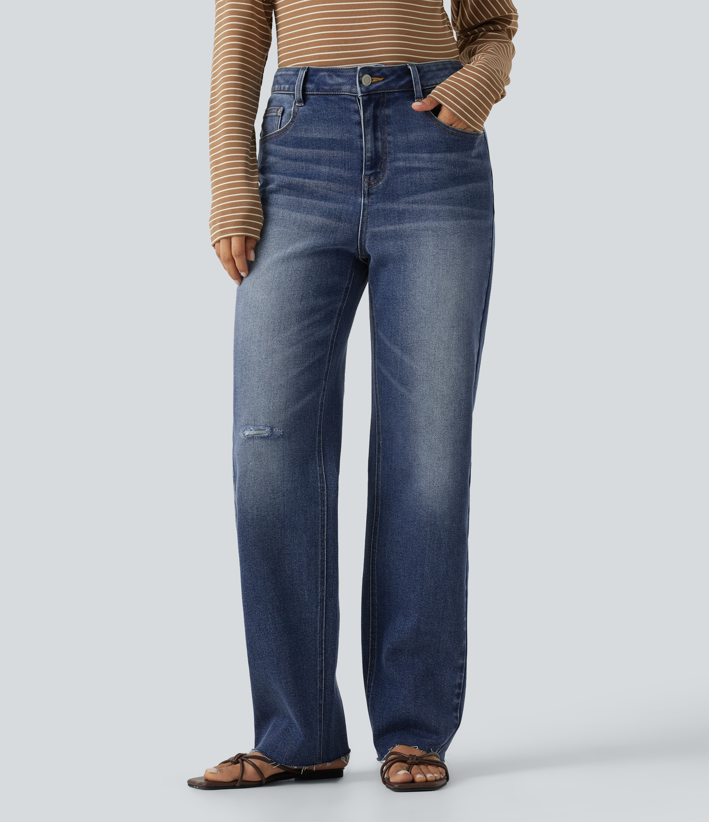 High Waisted Straight Leg Ripped Casual Jeans with Pockets