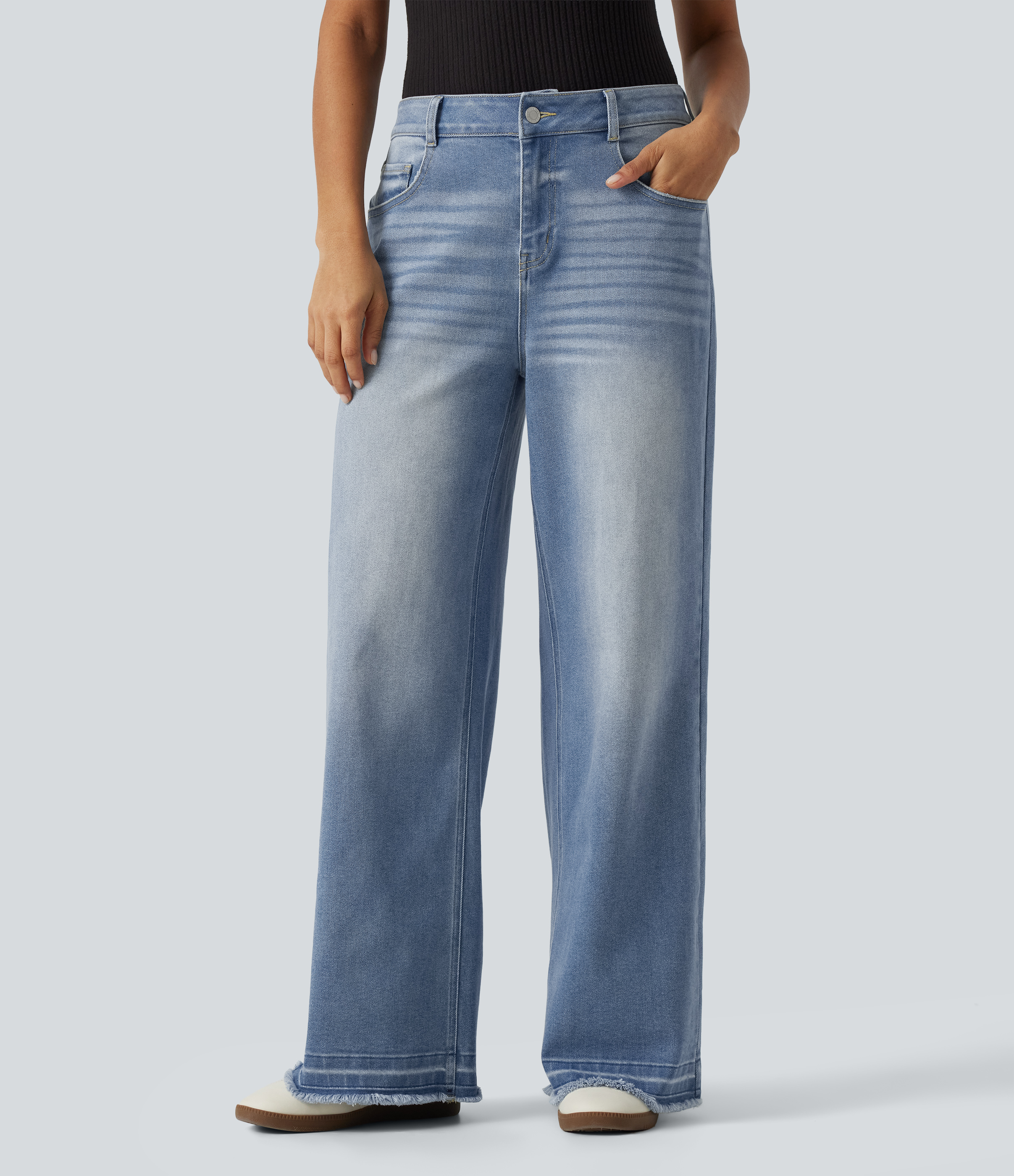 Mid Rise Washed Wide Leg Casual Jeans with Pockets
