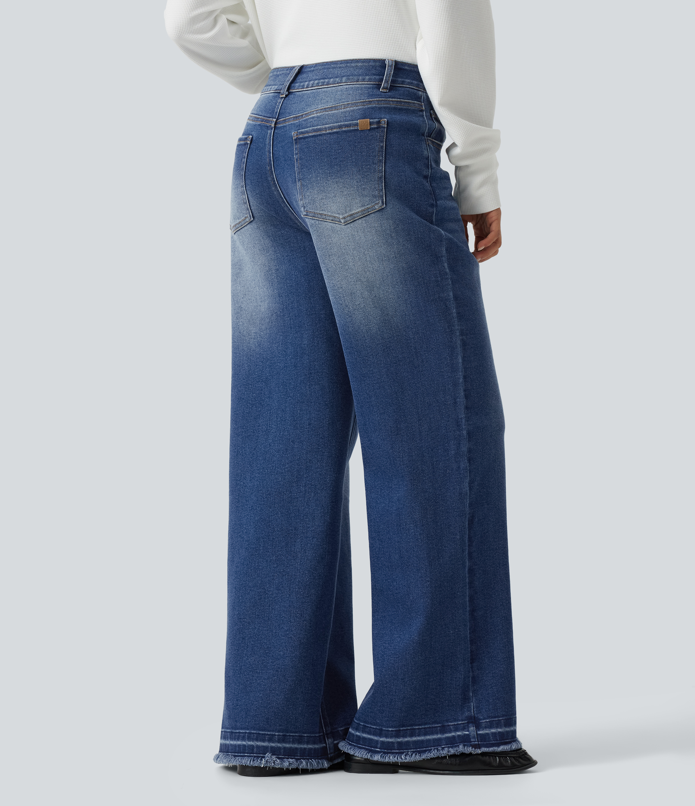 Tide Blue Denim Mid Rise Washed Wide Leg Casual Jeans with Pockets / 2