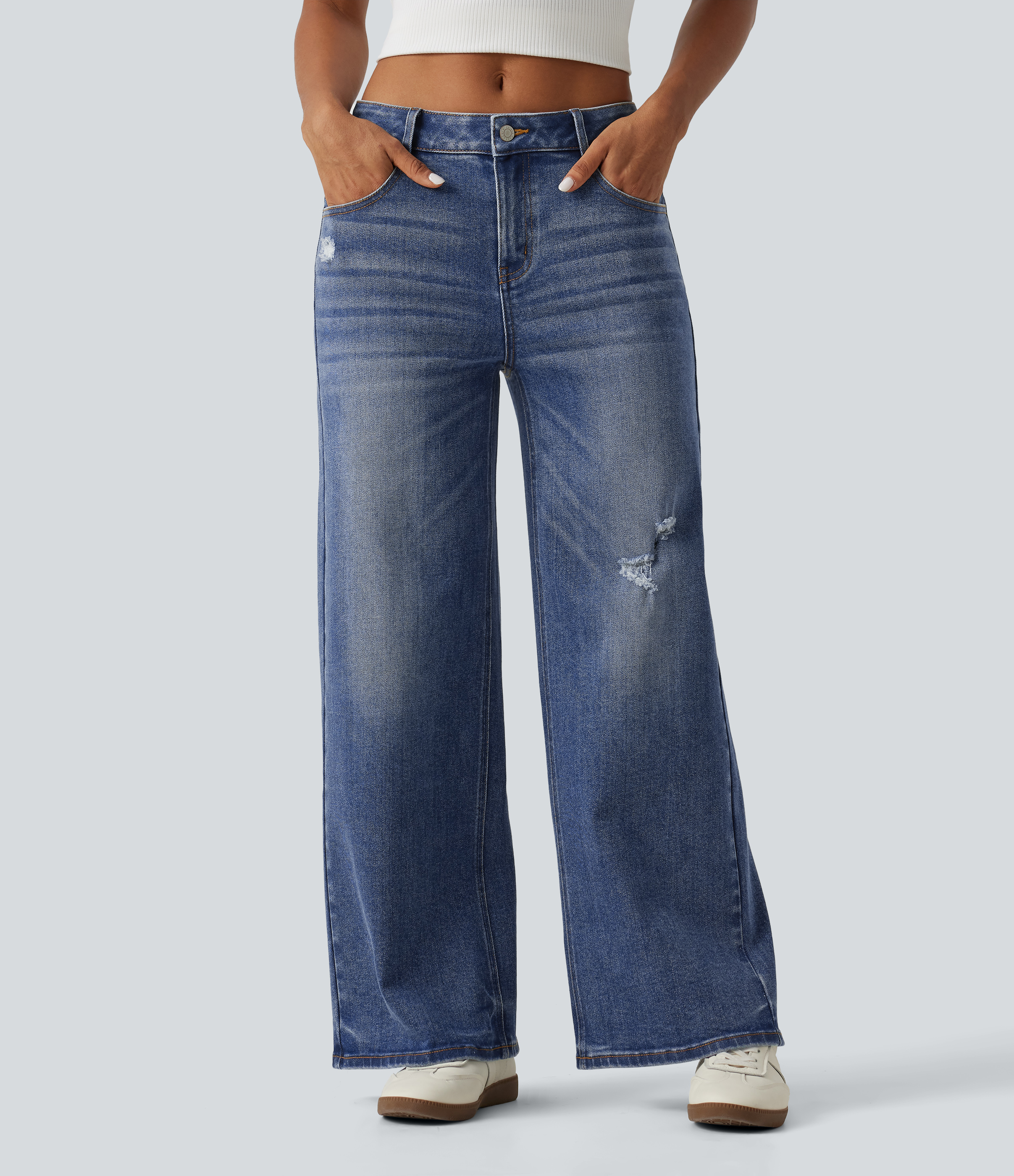 Mid Rise Washed Wide Leg Ripped Casual Jeans with Pockets
