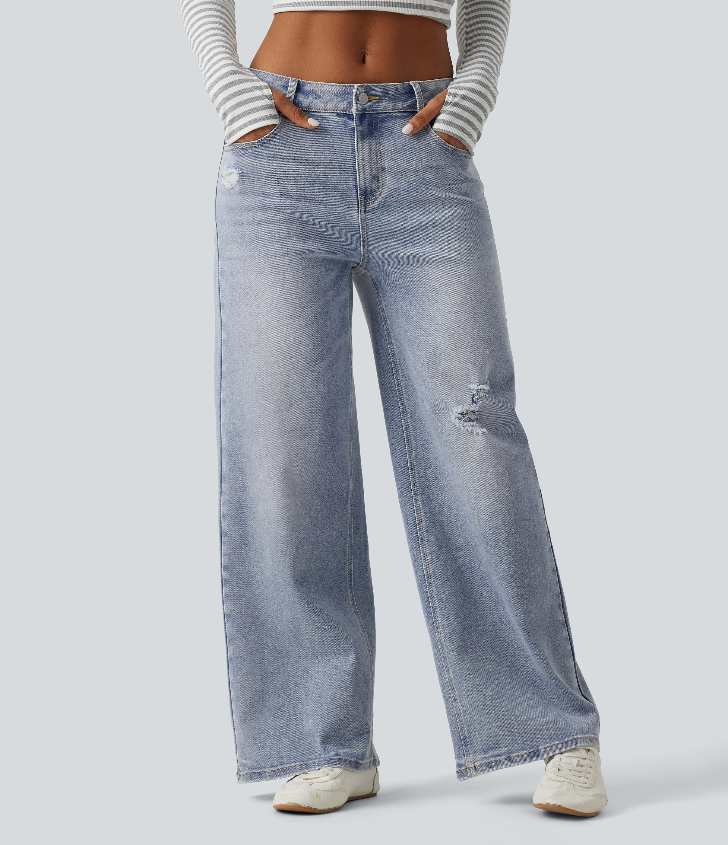 Mid Rise Washed Wide Leg Ripped Casual Jeans with Pockets