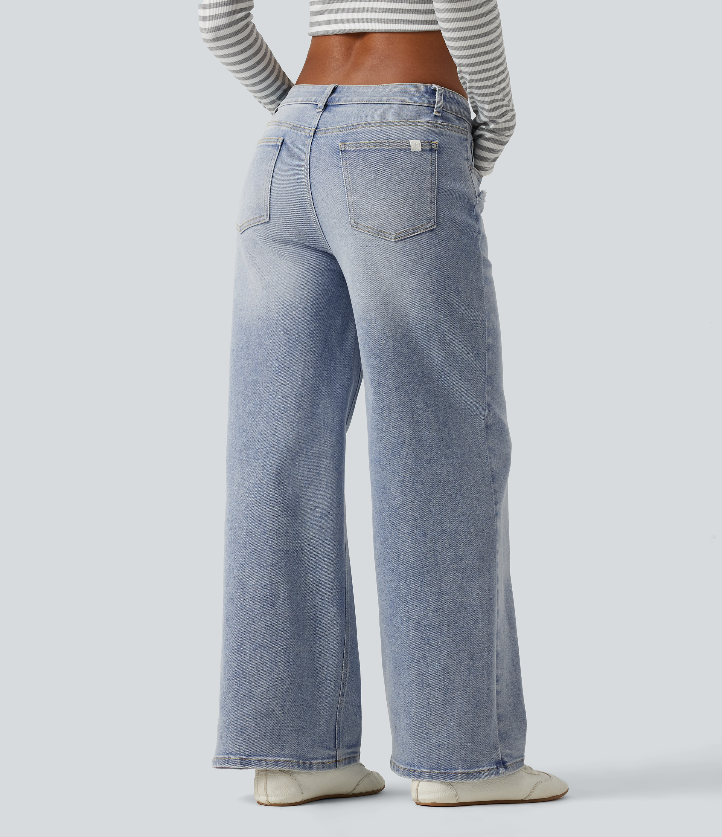 Malibu Blue Denim Mid Rise Washed Wide Leg Ripped Casual Jeans with Pockets / 2