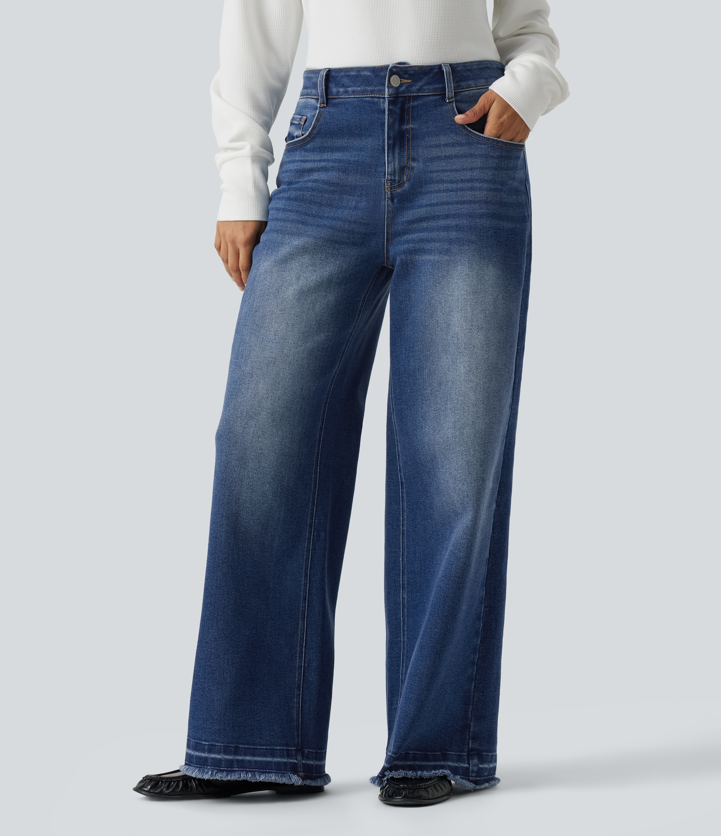 Mid Rise Washed Wide Leg Casual Jeans with Pockets