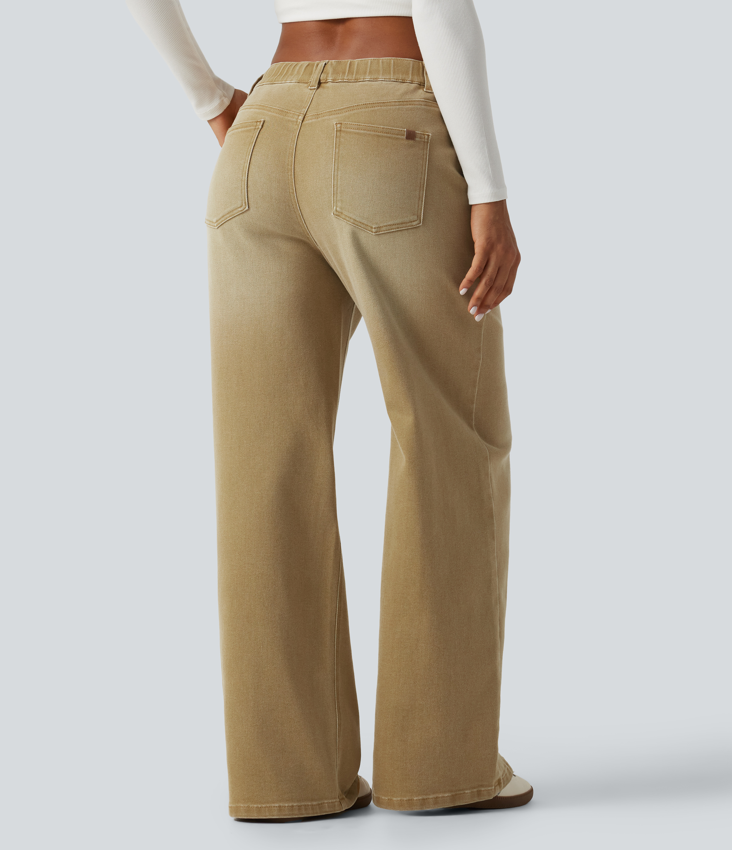 Tea Latte Beige Mid Rise Straight Leg Colorful Denim Casual Jeans with Pockets / 2