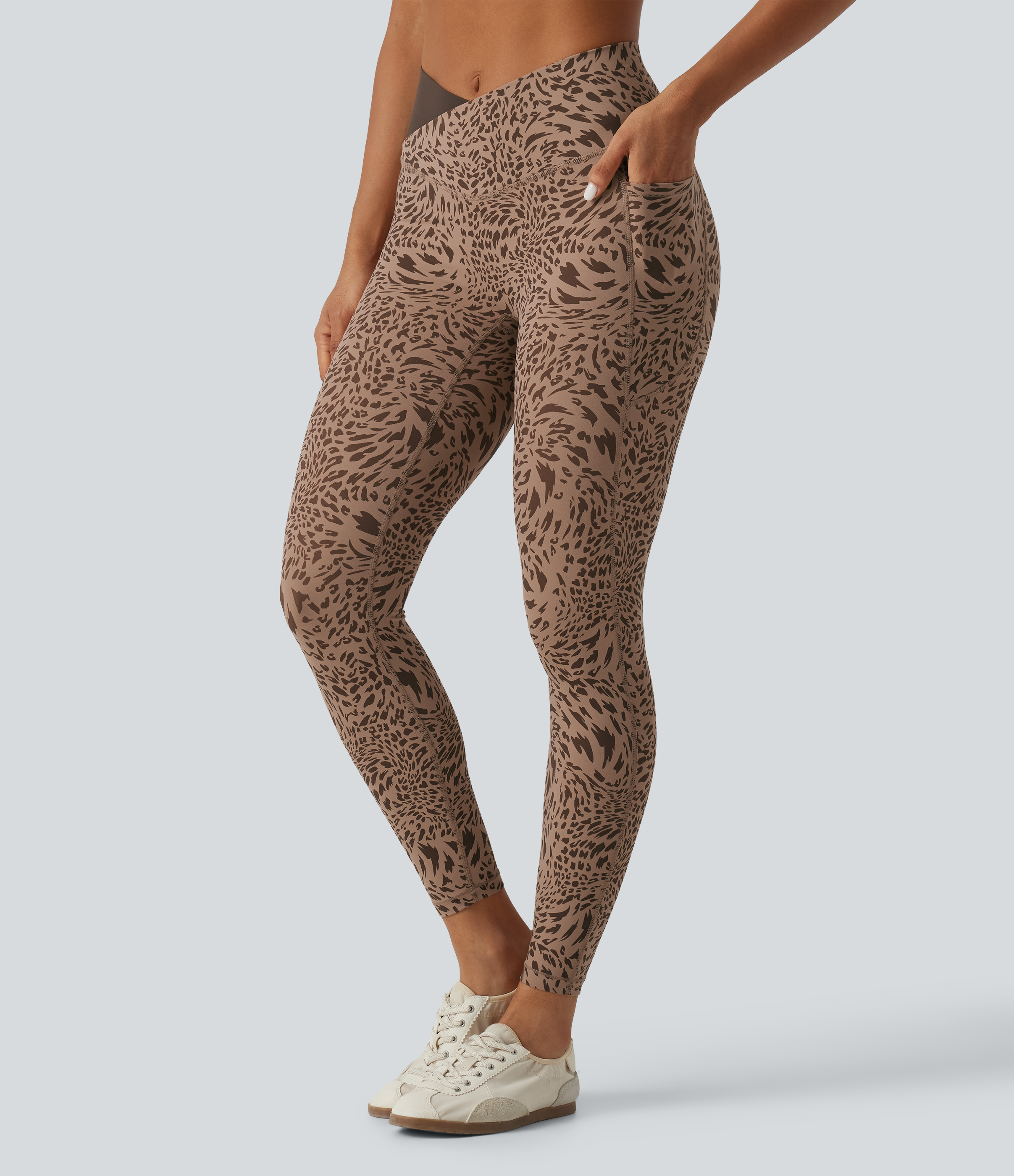 Halara UltraSculpt™ Leopard Print High Waisted Crossover Skinny Yoga Leggings with Pockets