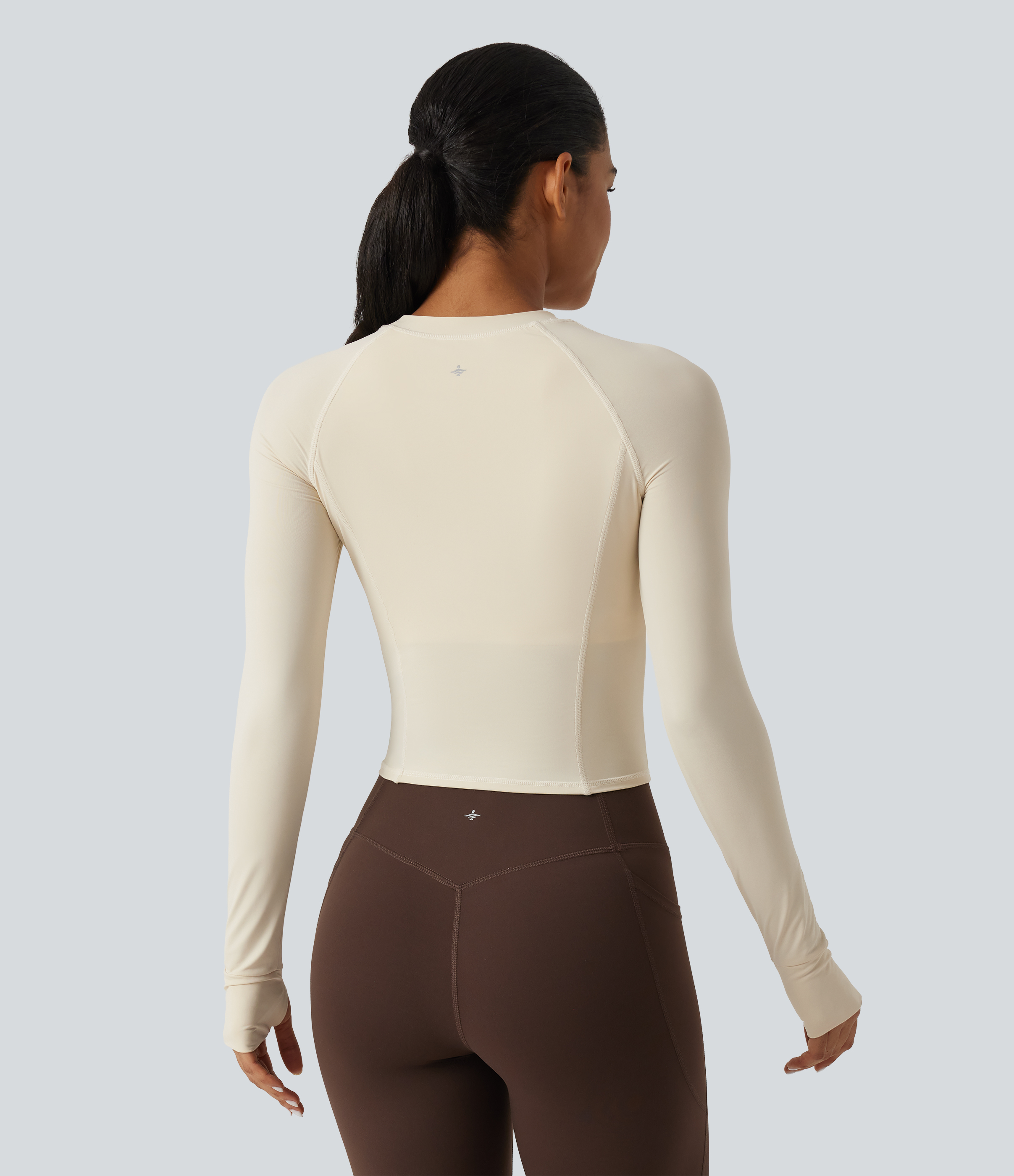 Almond Milk InstantCool Round Neck Raglan Long Sleeve Slim Yoga Sports Top with Built-in Bra / 2