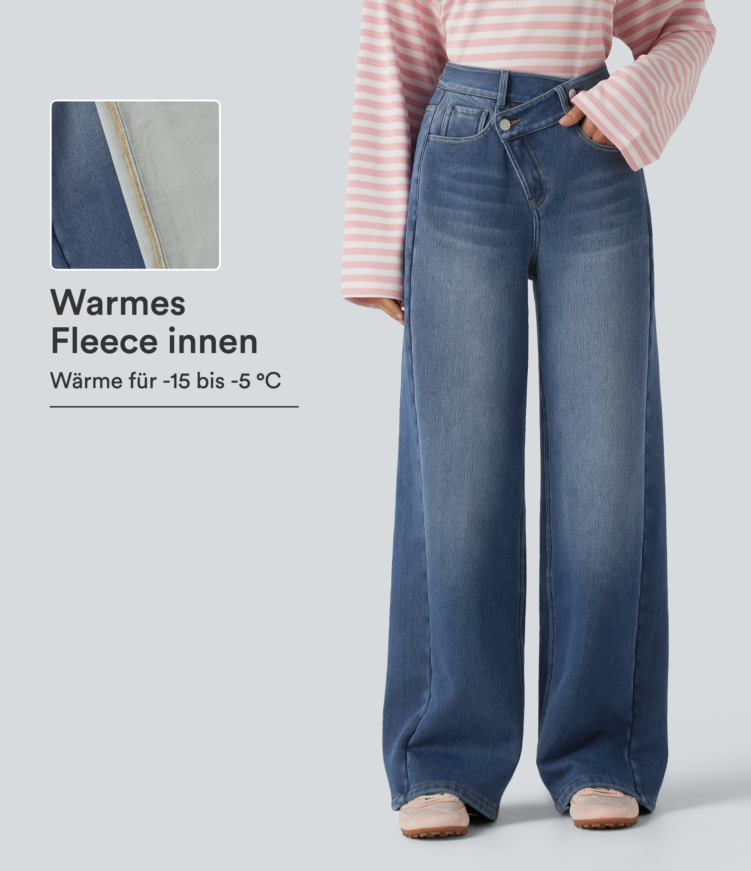 Lässige Fleece-Baggy-Jeans aus Baumwolle mit hohem Crossover-Bund und mehreren Taschen