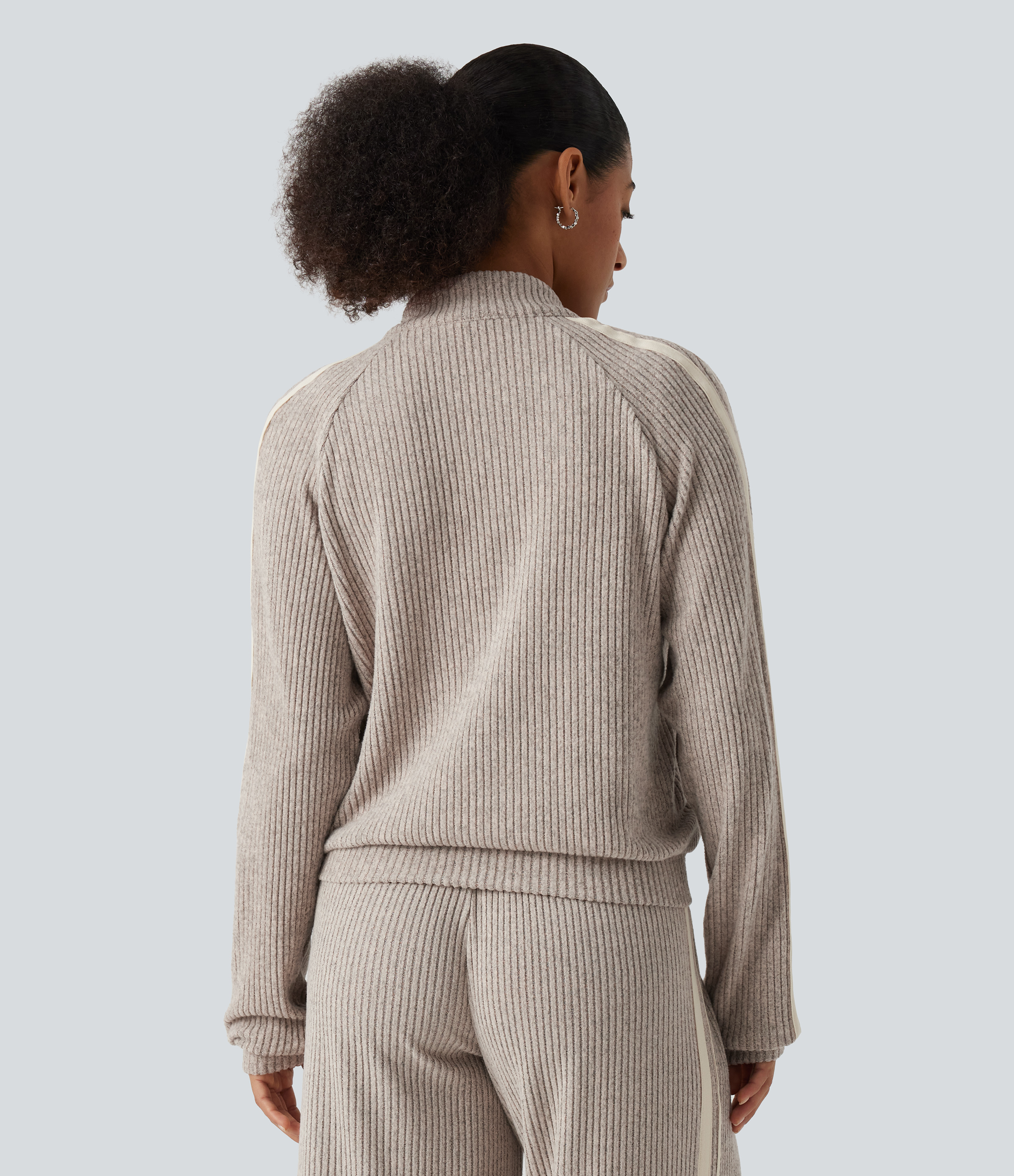 Smoked Olive Ribbed Knit Stand Collar Side Stripe Long Sleeve Casual Track Jacket with Pockets / 2