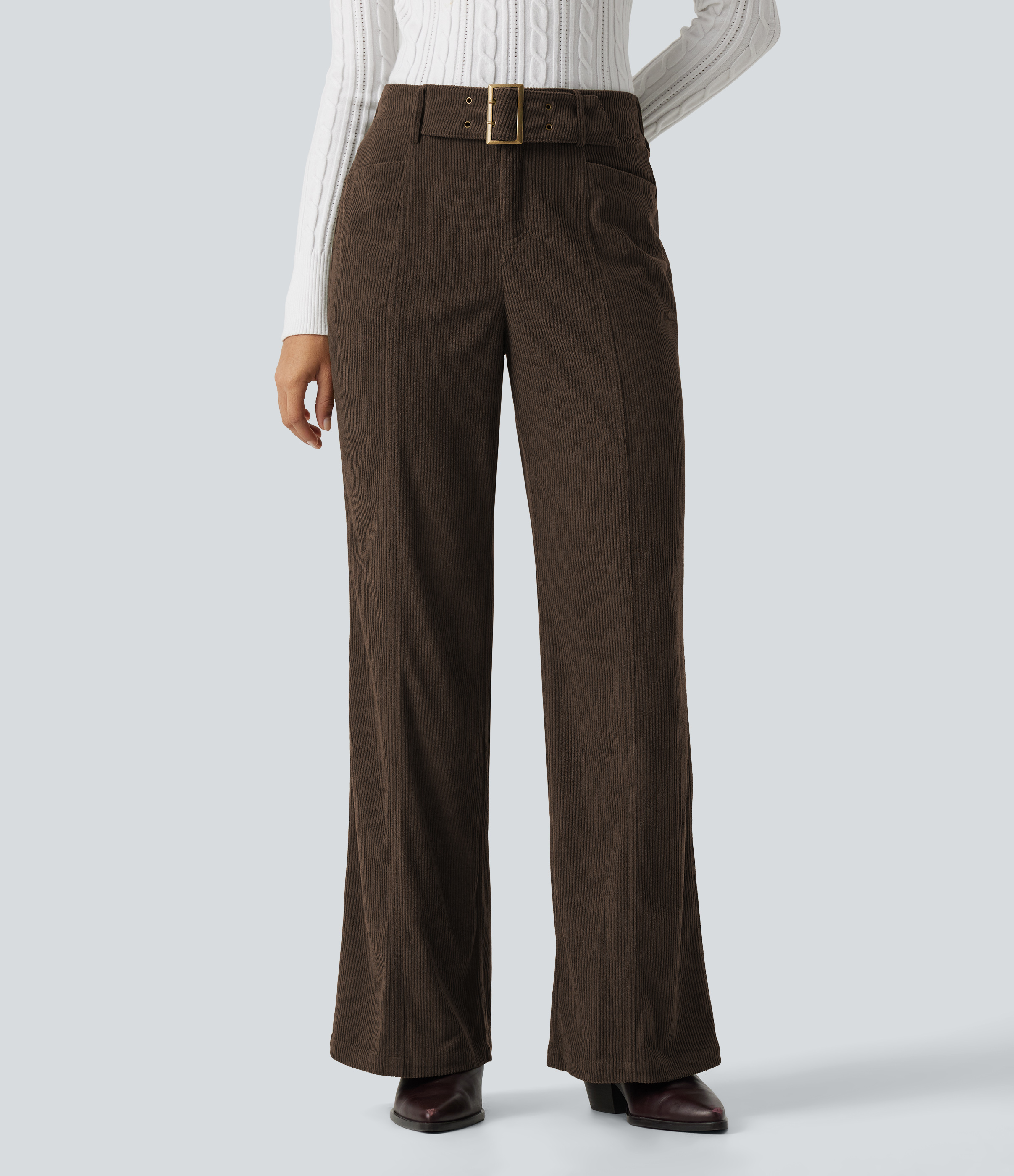 Mid Rise Bootcut Buckle Corduroy Casual Pants with Pockets