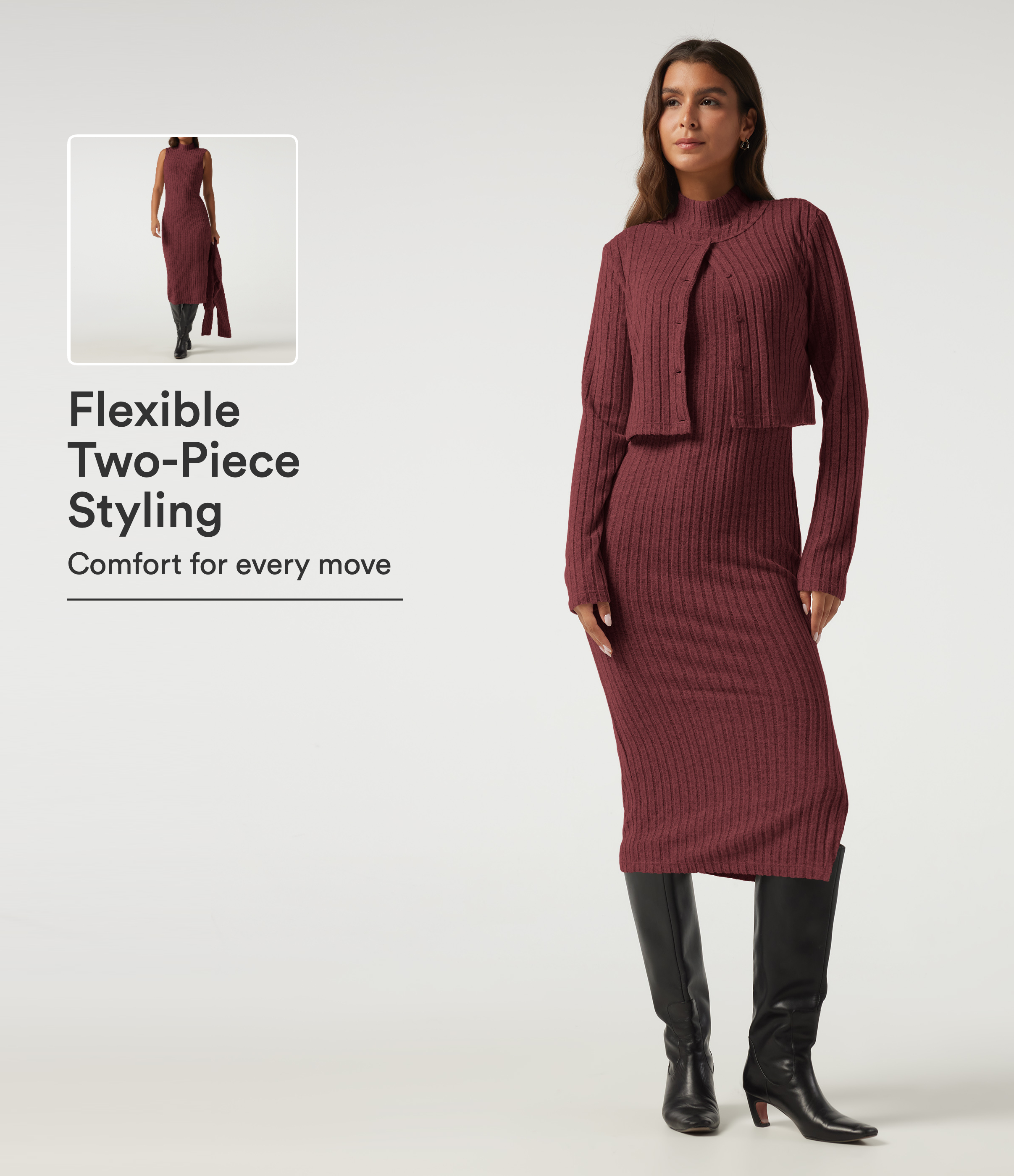 Mock Neck Long Sleeve 2 Piece Bodycon Work Midi Dress