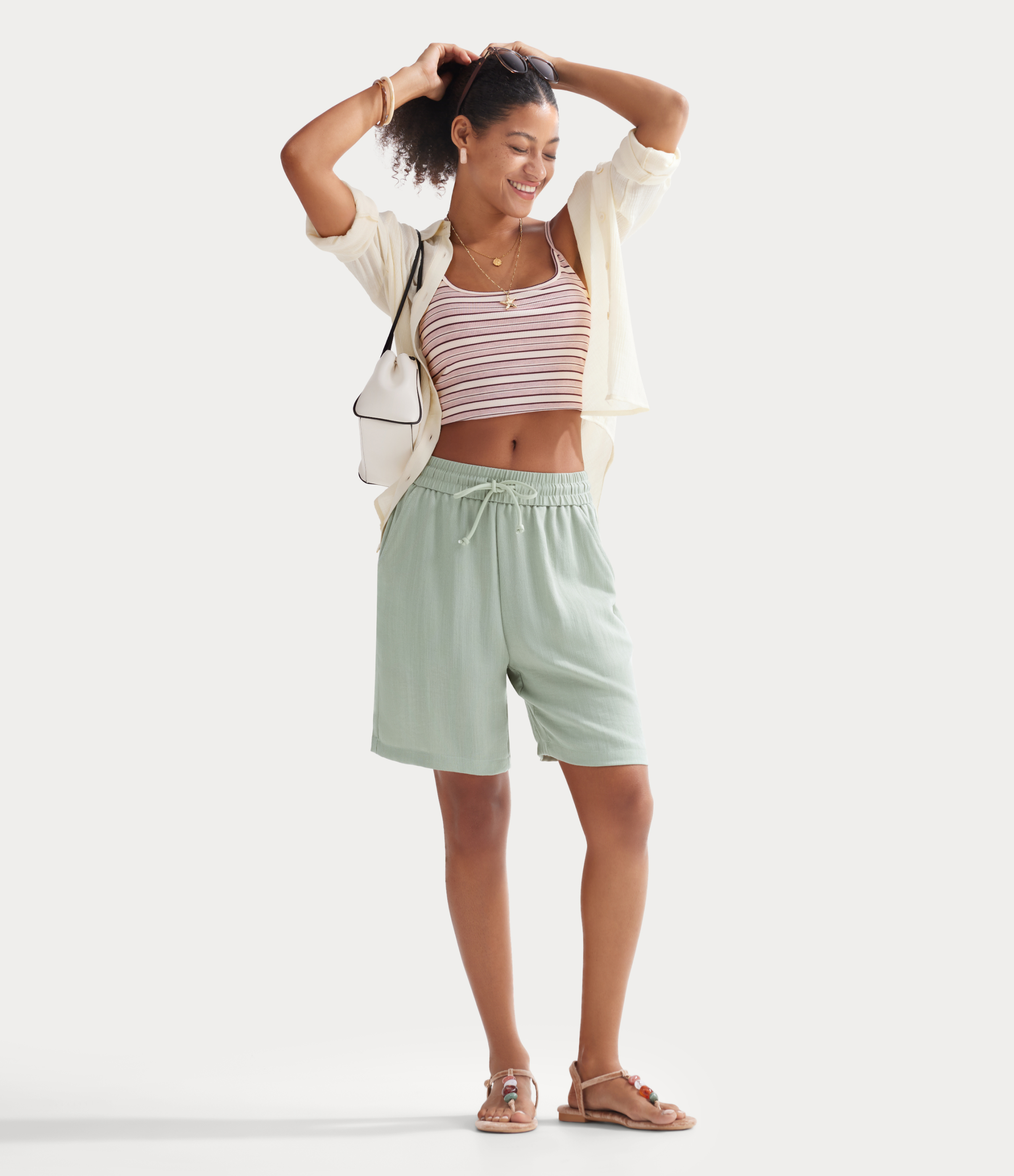 Pale Aqua High Waisted Drawstring Casual Linen-Feel Shorts with Pockets / 2