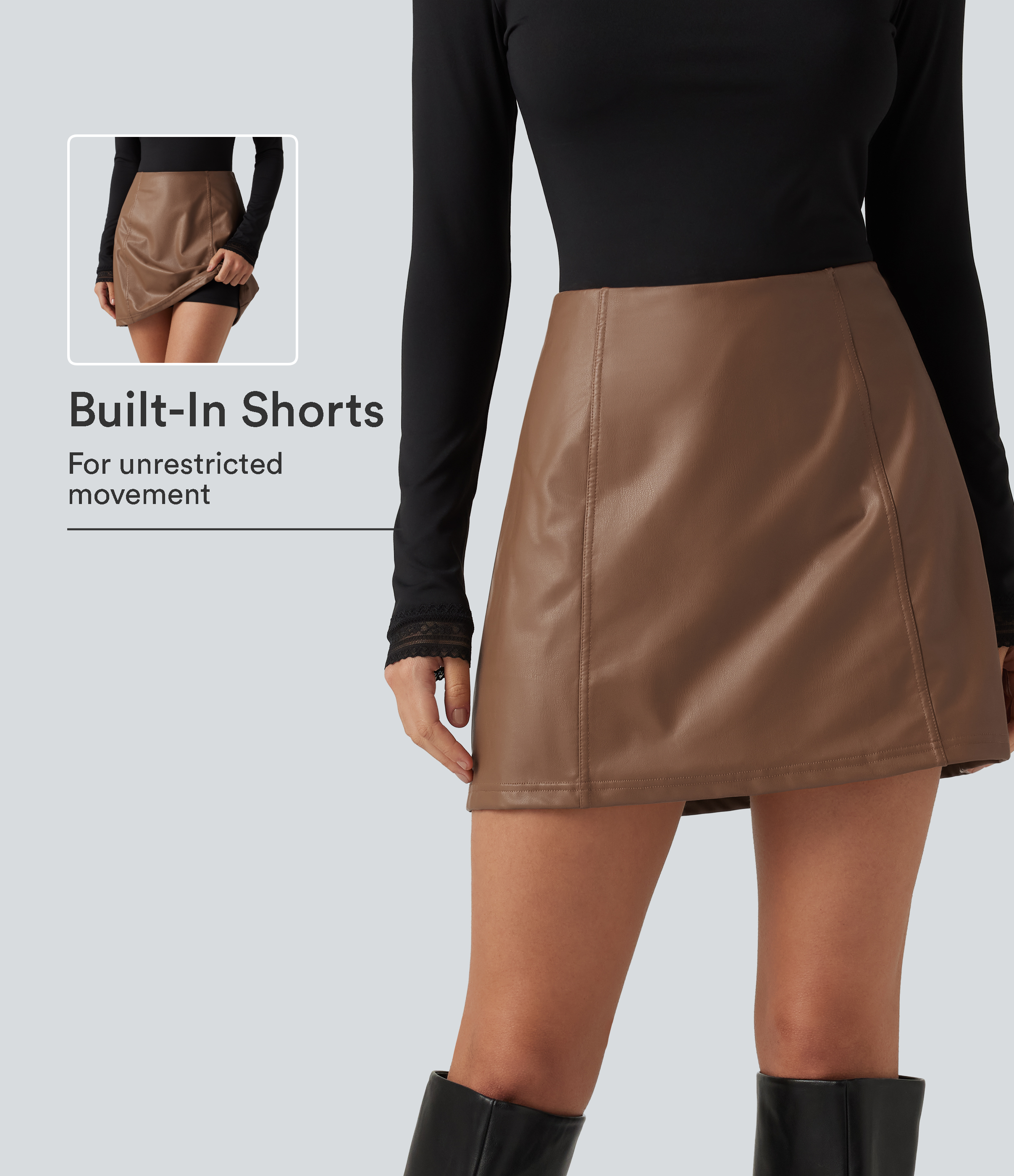 High Waisted 2-in-1 A Line Mini Fleece Casual PU Leather Skirt