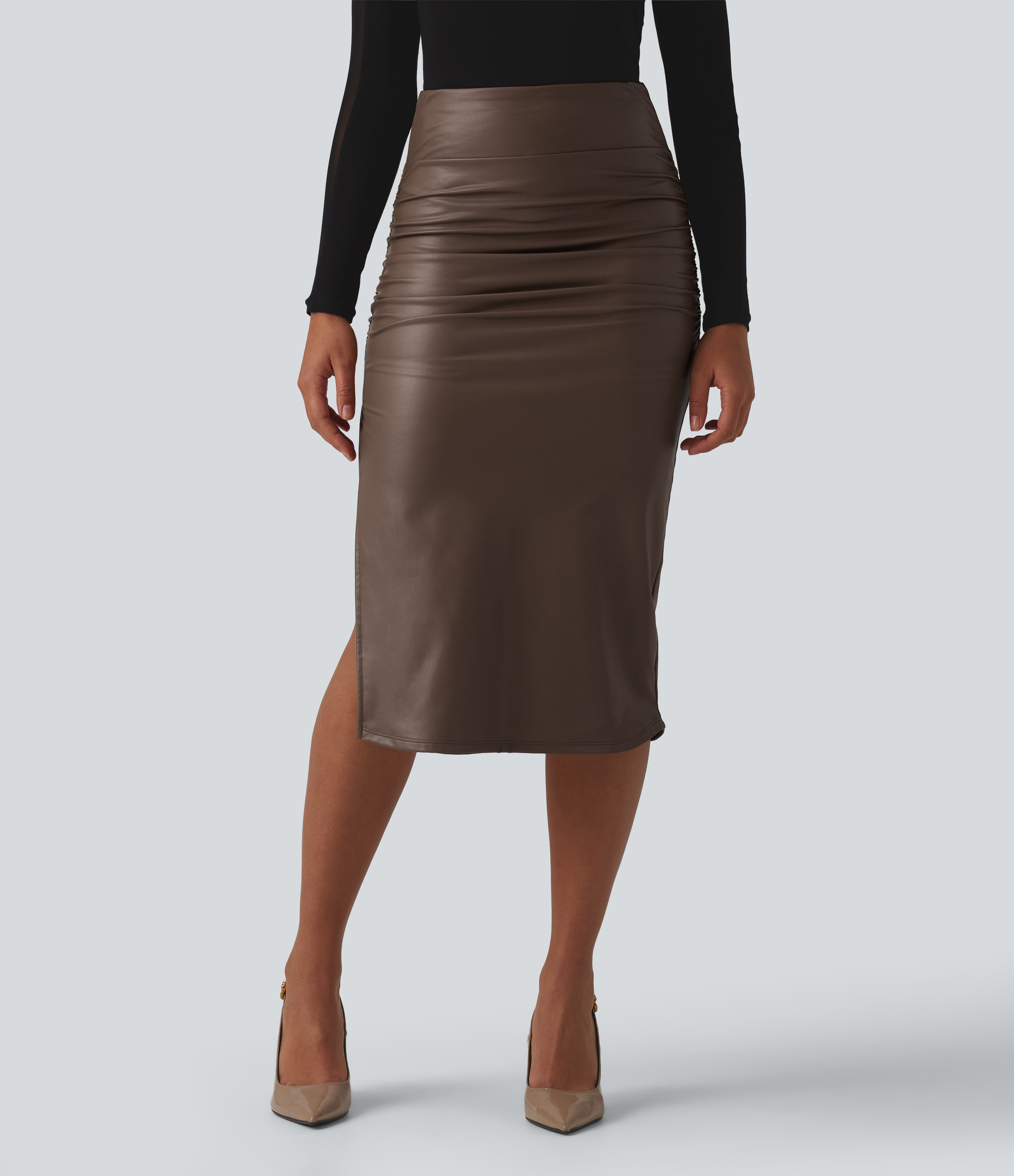 High Waisted Tummy Control Ruched Curved Hem 2-in-1 Fleece PU Midi Casual Skirt