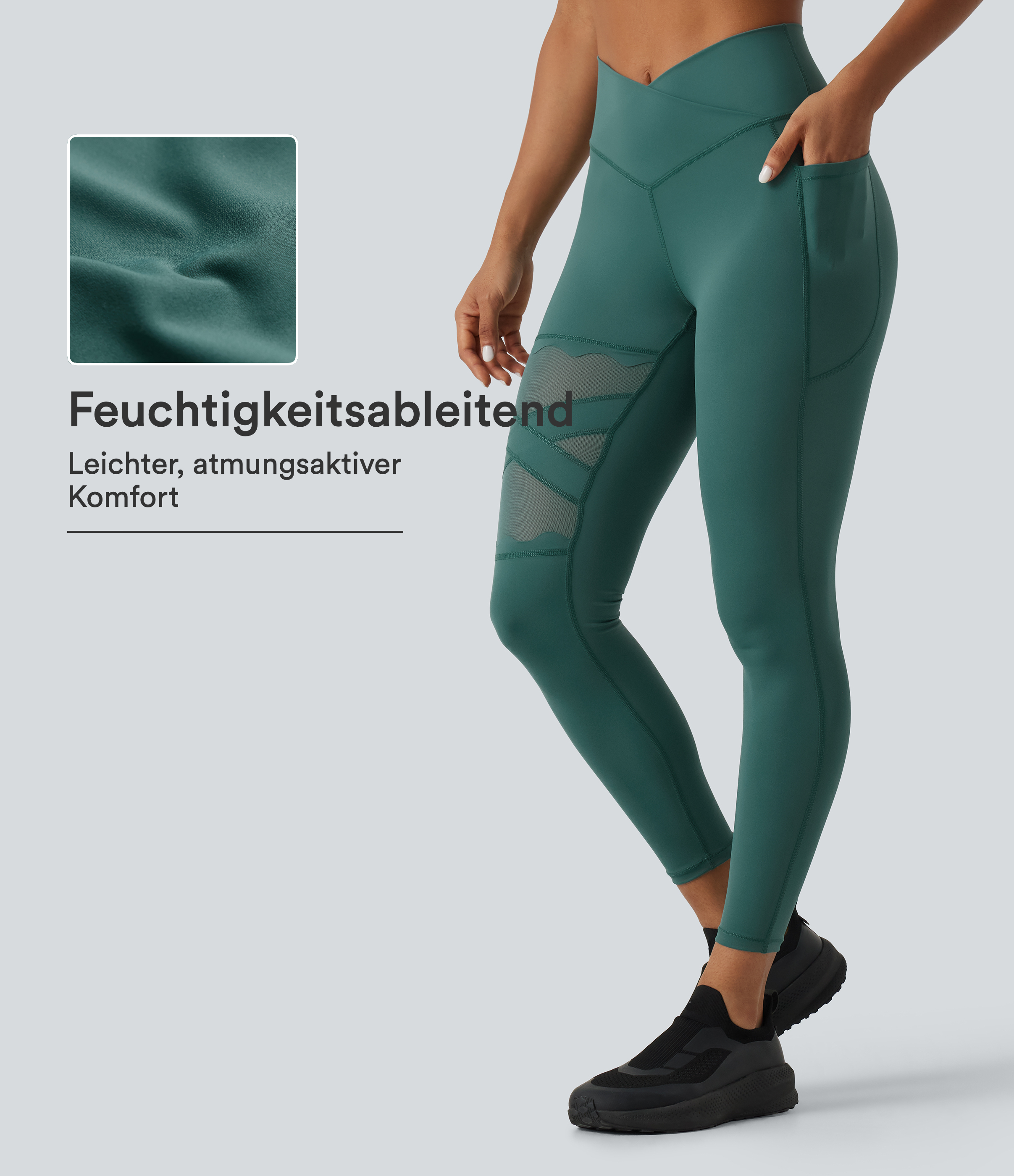 Viridian Speedwave™ Air - Lauf-Leggings mit hohem Crossover-Bund, Seitentaschen und Kontrast-Mesh / 1