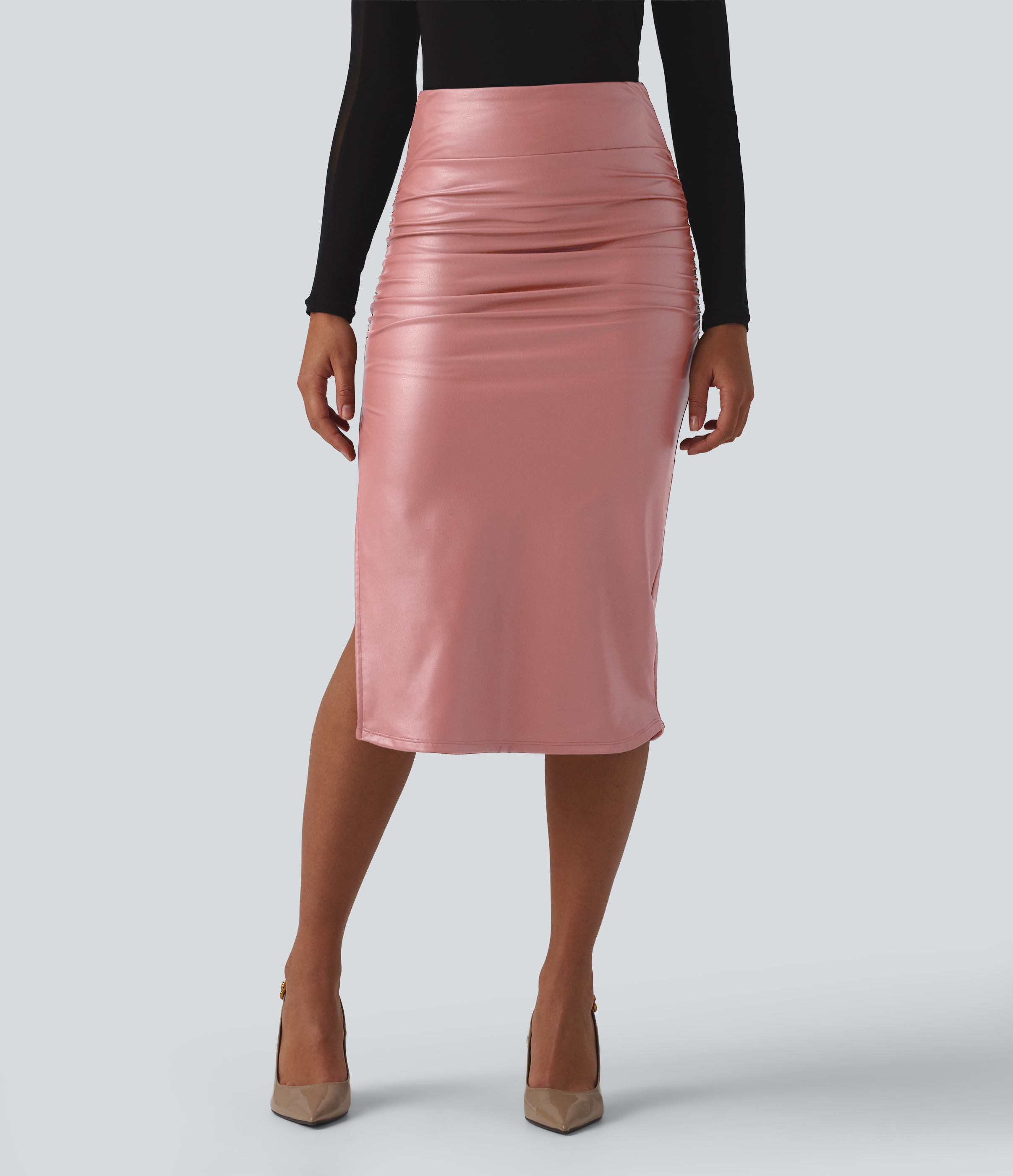 High Waisted Tummy Control Ruched Curved Hem 2-in-1 Fleece PU Midi Casual Skirt