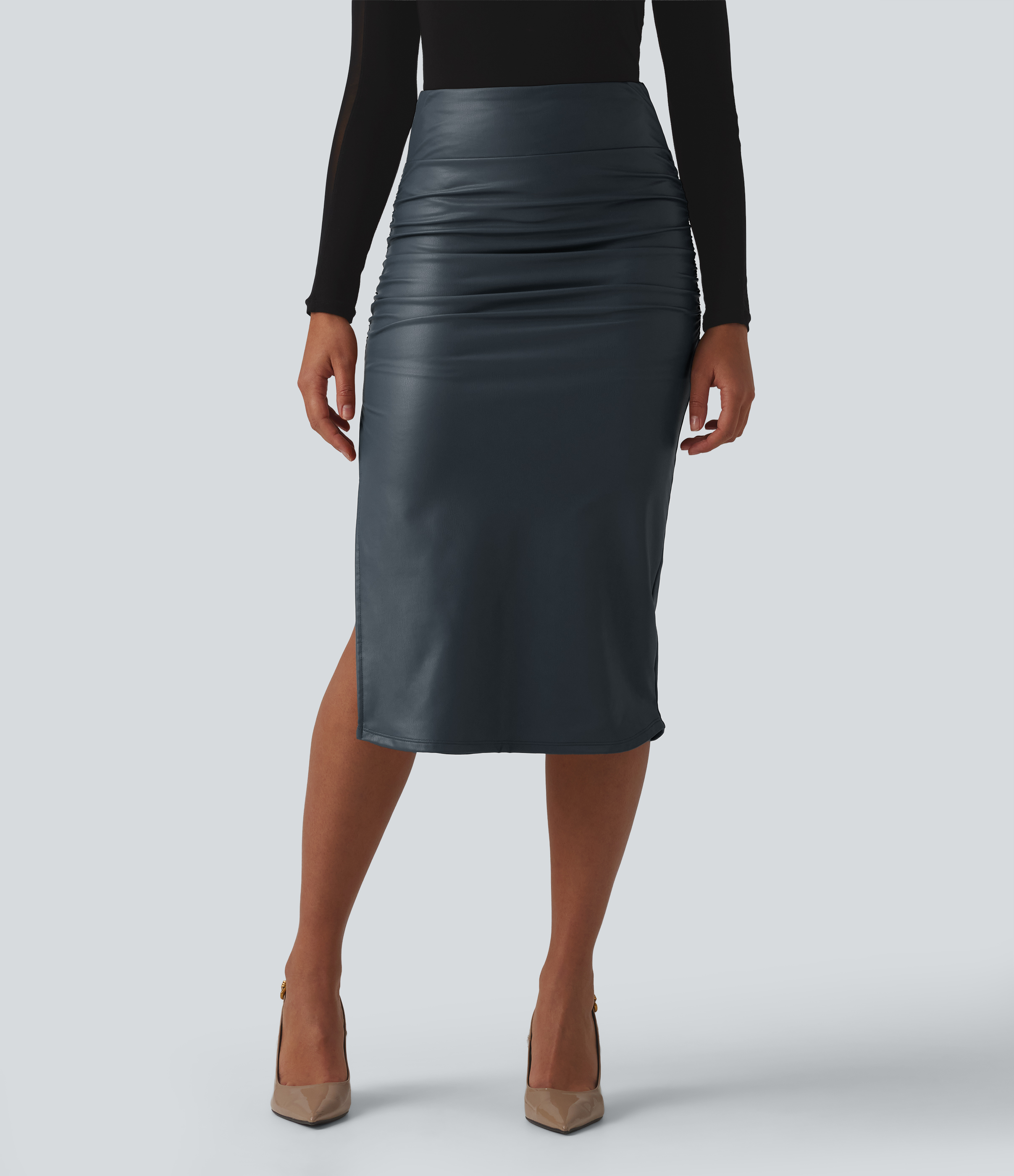High Waisted Tummy Control Ruched Curved Hem 2-in-1 Fleece PU Midi Casual Skirt