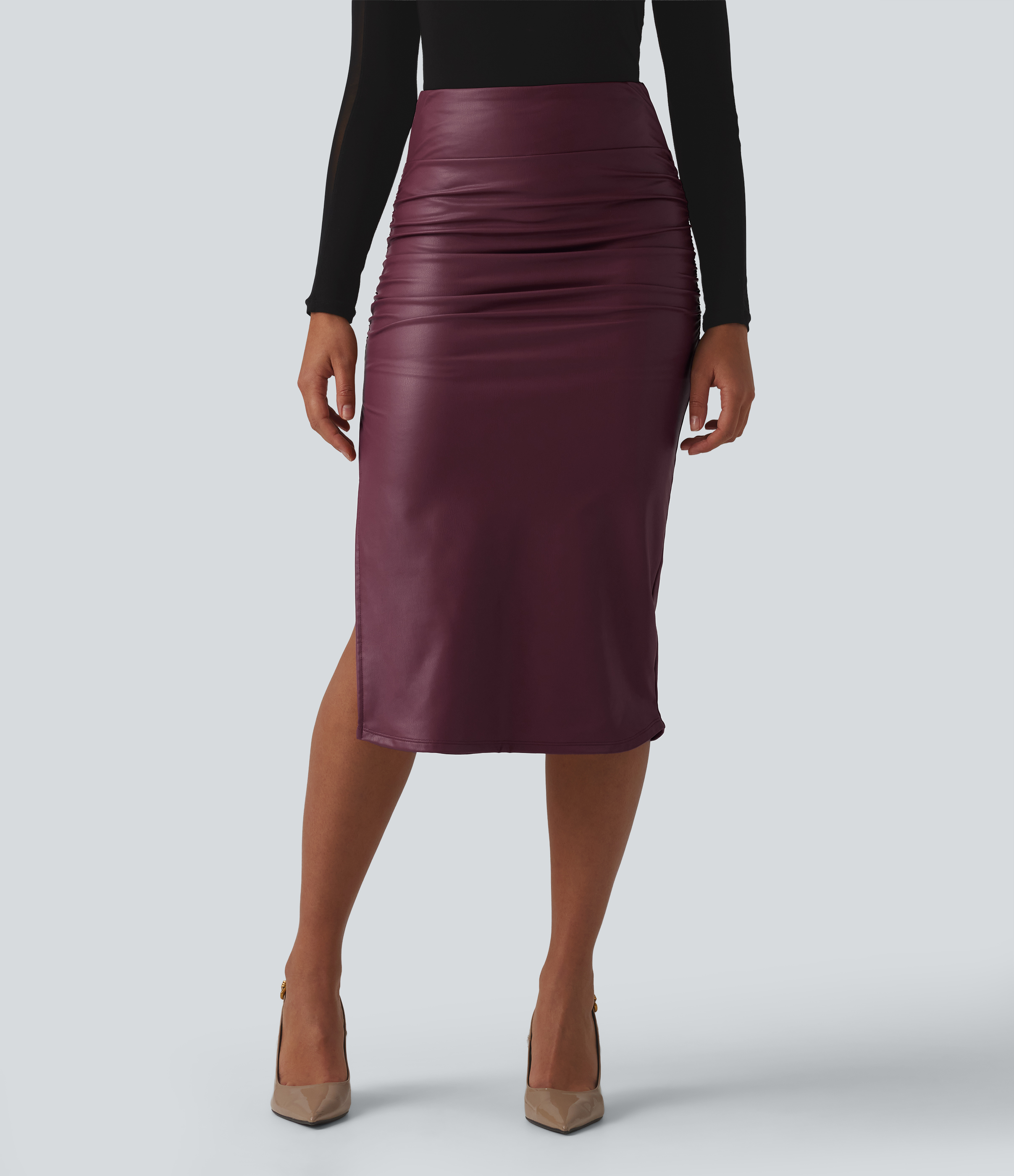 High Waisted Tummy Control Ruched Curved Hem 2-in-1 Fleece PU Midi Casual Skirt