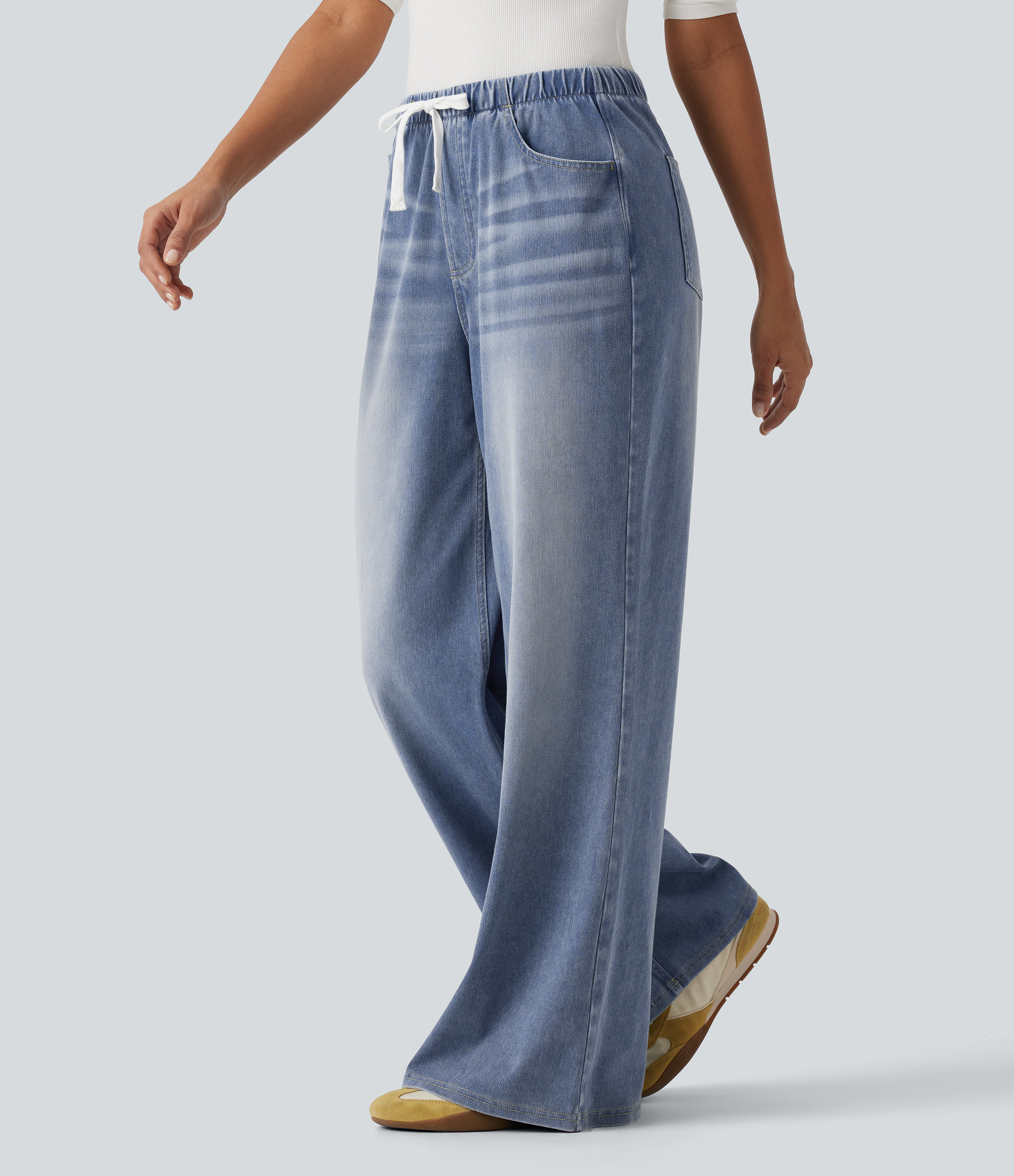 Halara Flex™ Mid Rise Drawstring Wide Leg Casual Cotton Jeans with Pockets
