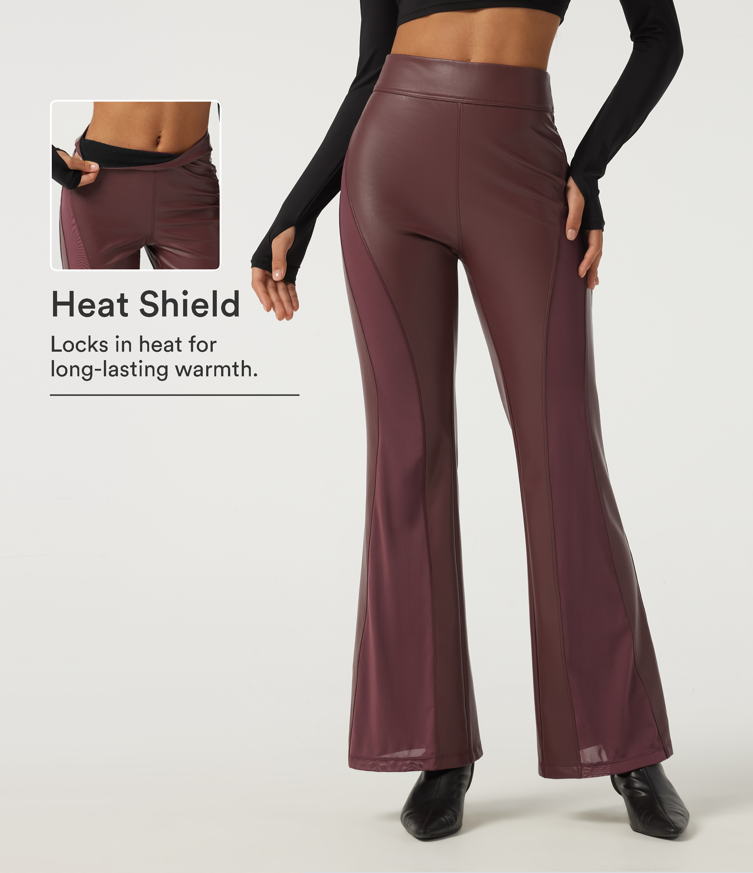 High Waisted Flare Contrast Mesh Stretchy PU Fleece Casual Pants with Pockets