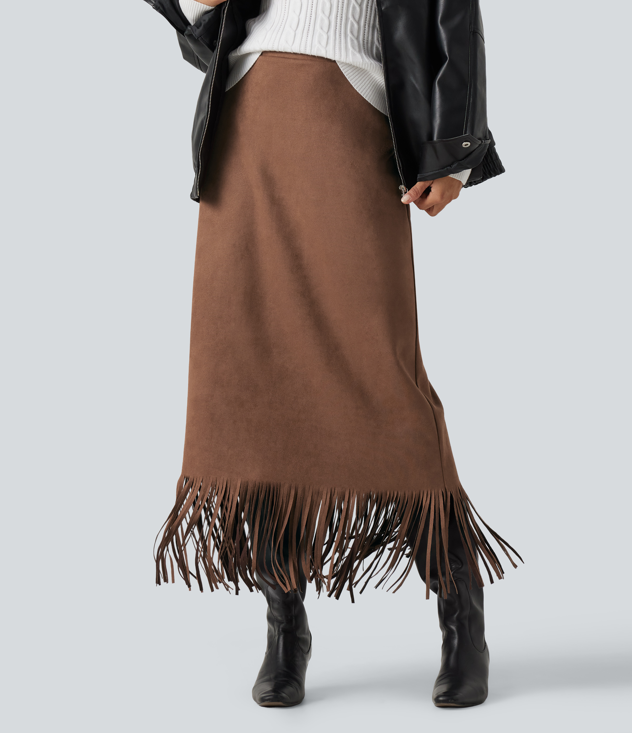 High Waisted Fringe Hem A-Line Suede Causal Midi Skirt