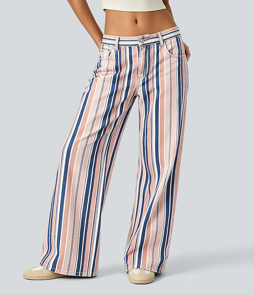 Low Rise Stripe Wide Leg Casual Jeans with Pockets