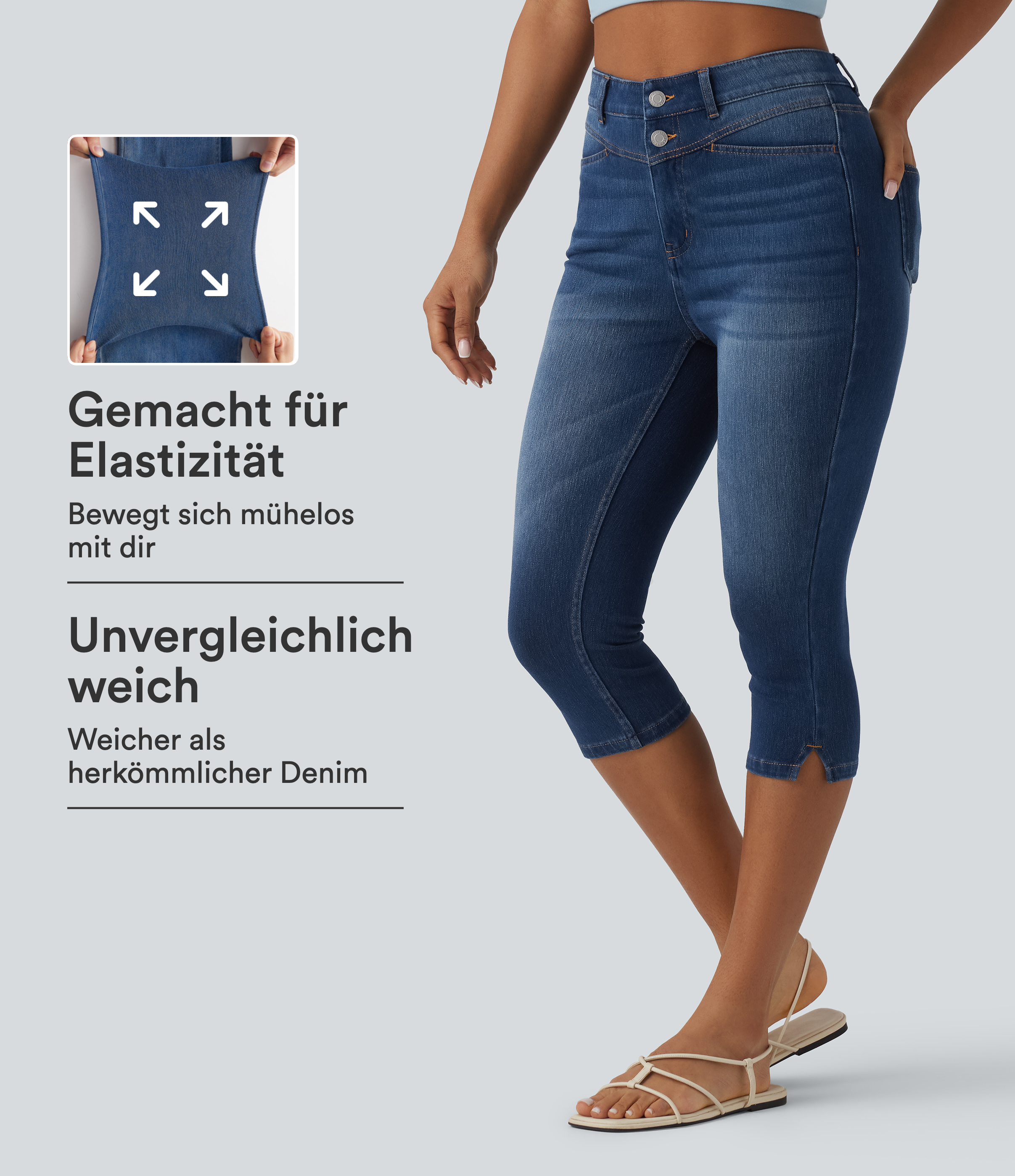 Halara Flex™ - Lässige Capri-Jeans mit hohem Bund, mehreren Taschen und geschlitztem Saum - slim