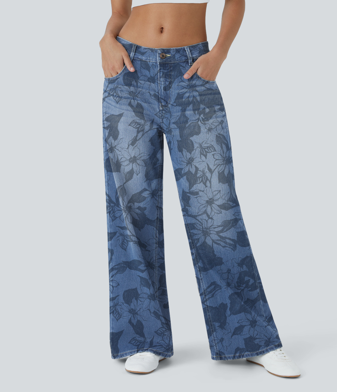 Low Rise Floral Print Wide Leg Casual Jeans with Pockets