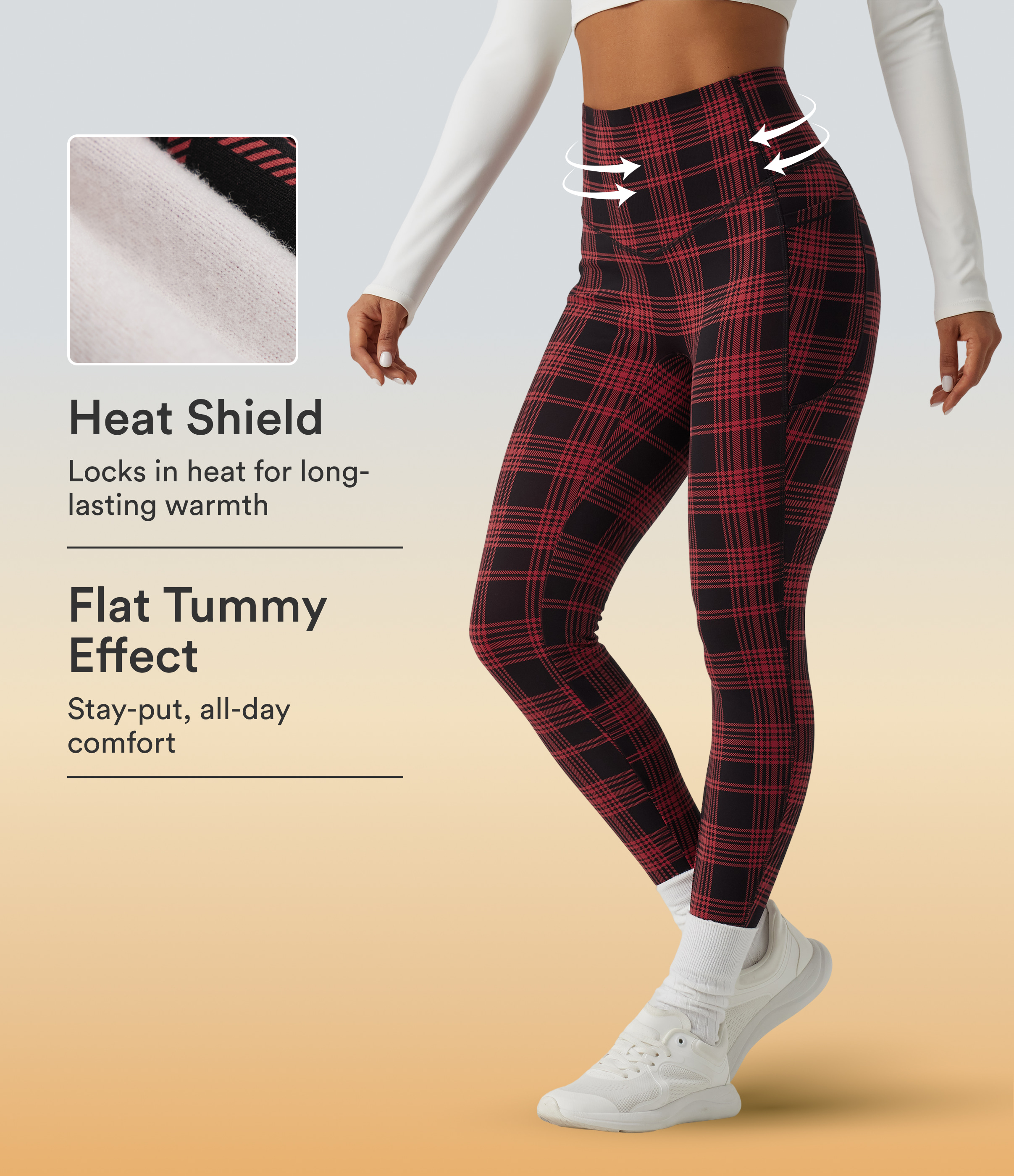 High Waisted Tummy Control Skinny Fleece Plaid Workout Leggings with Pockets