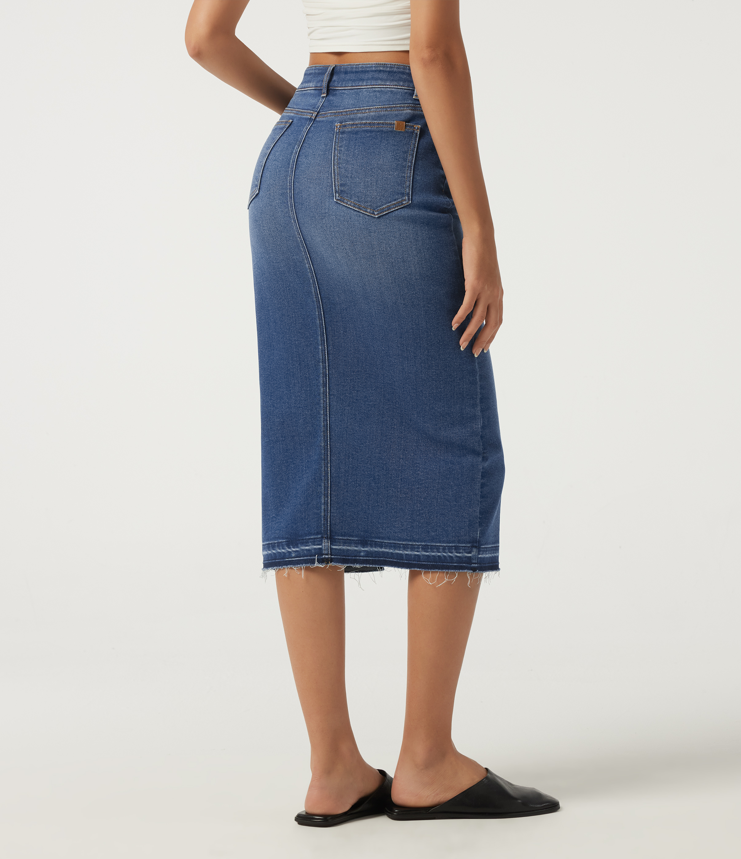 Tide Blue Denim Falda midi ajustada (bodycon) de talle alto, asimétrica y casual, con bolsillos / 2