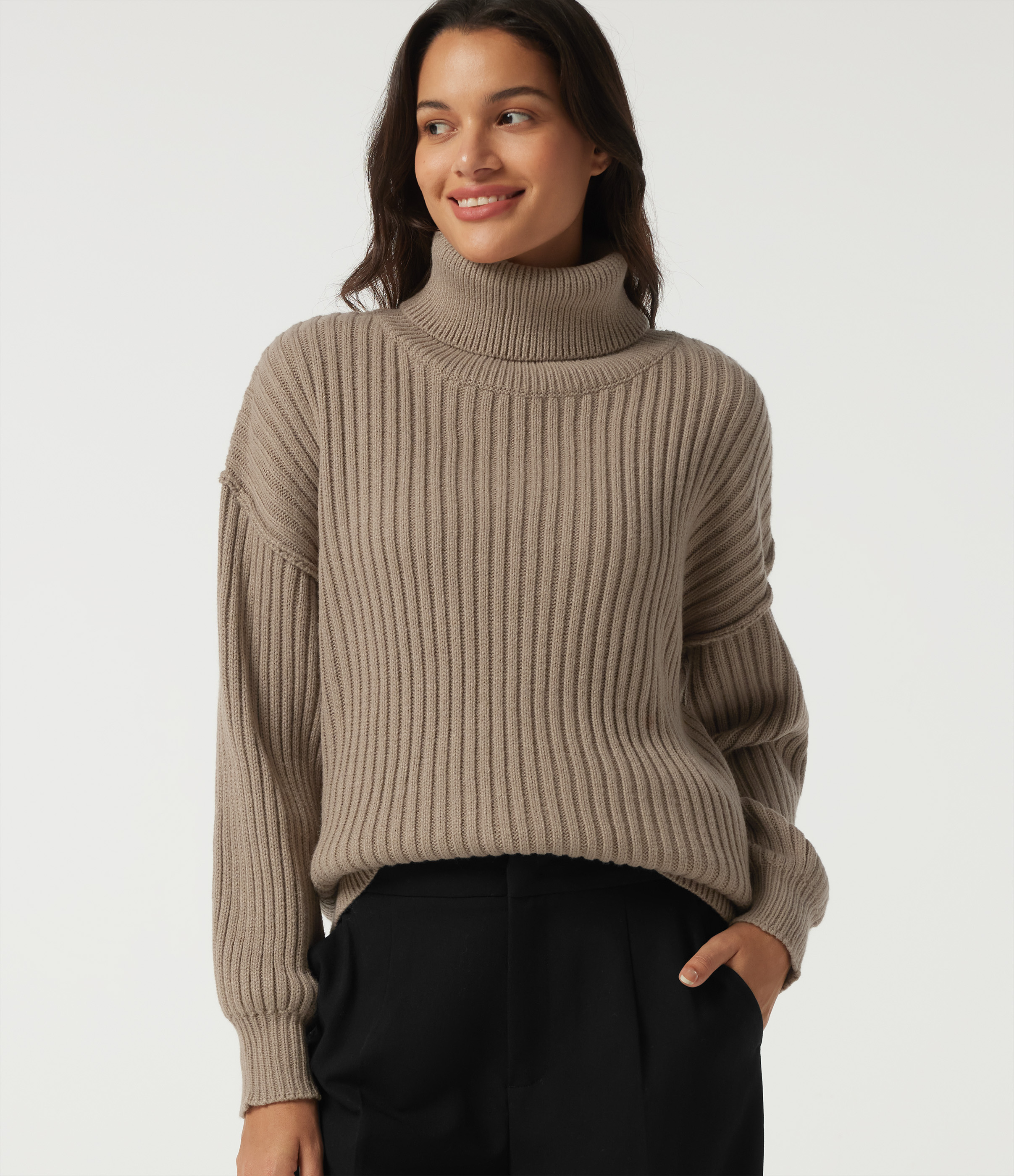High Neck Long Sleeve Dropped Shoulder Casual Wool-Blend Sweater
