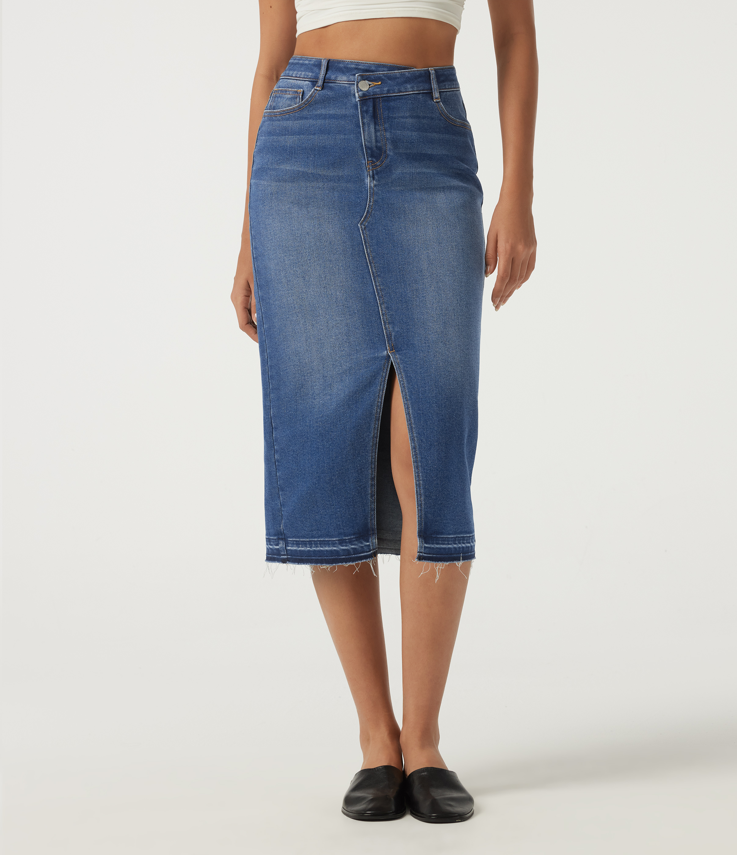 High Waisted Asymmetric Bodycon Casual Midi Skirt with Pockets