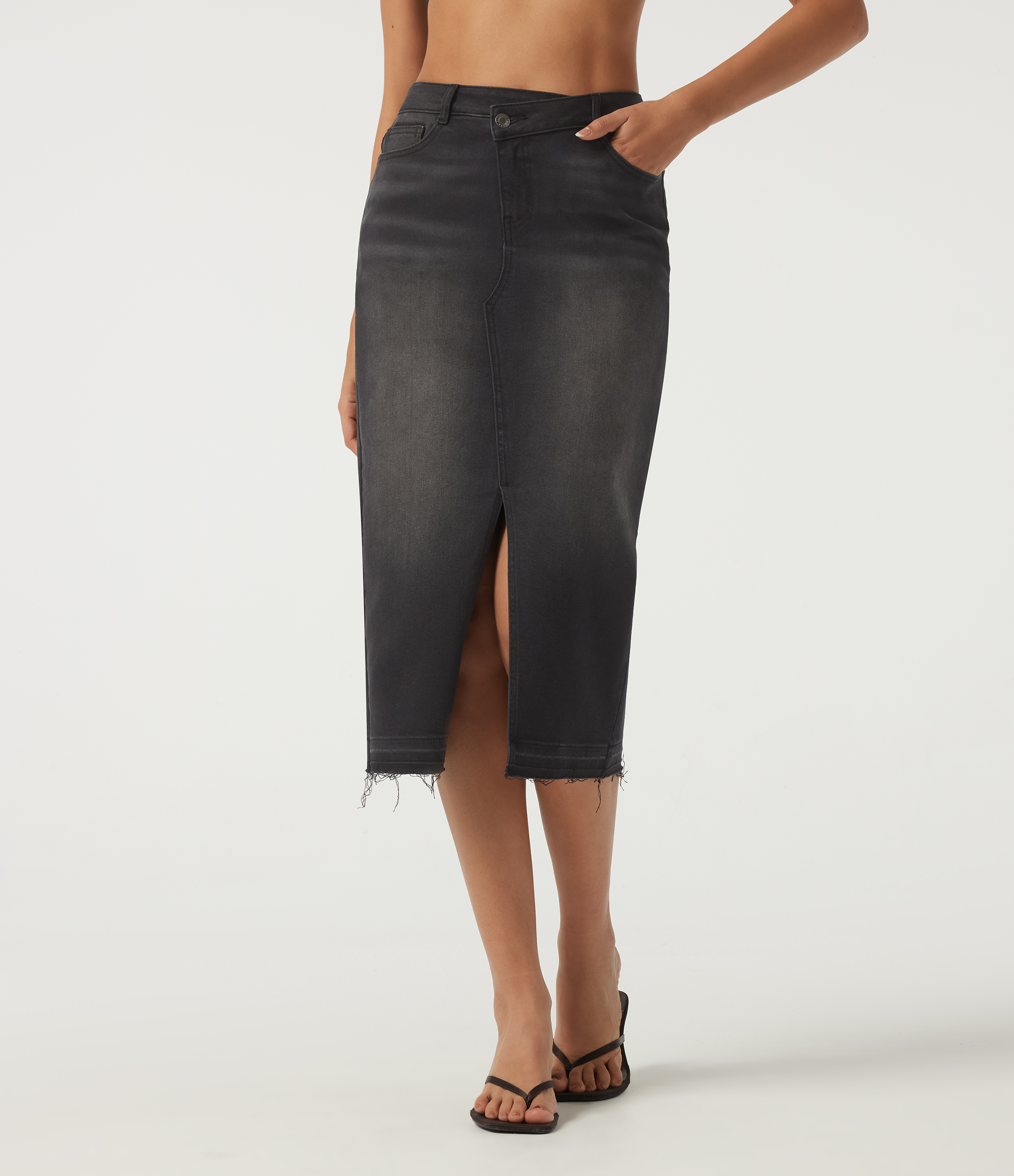 High Waisted Asymmetric Bodycon Casual Midi Skirt with Pockets