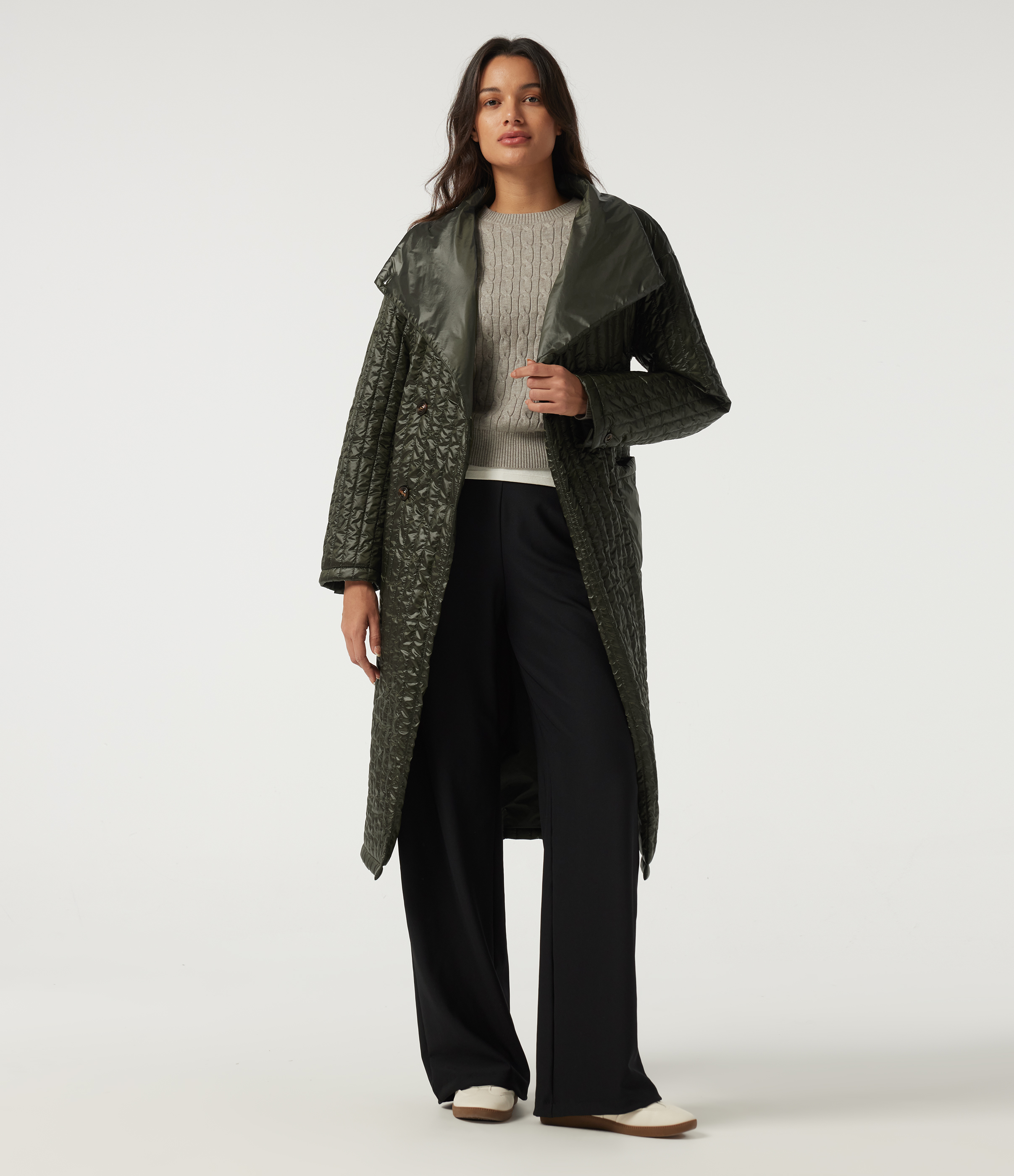 Stand Collar Long Sleeve Belted Longline Work Padded Jacket with Pockets