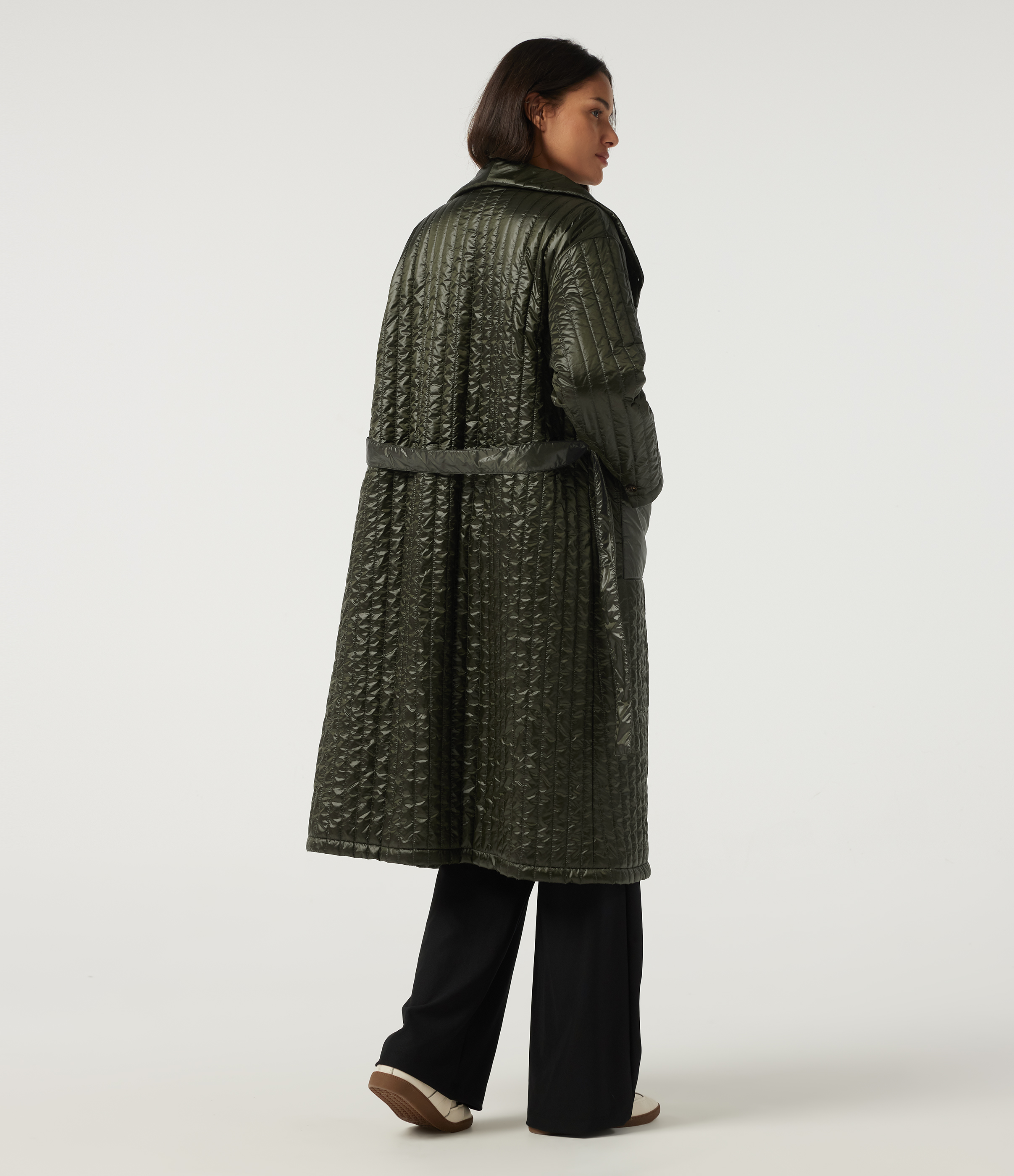 Shadow Fern Stand Collar Long Sleeve Belted Longline Work Padded Jacket with Pockets / 2