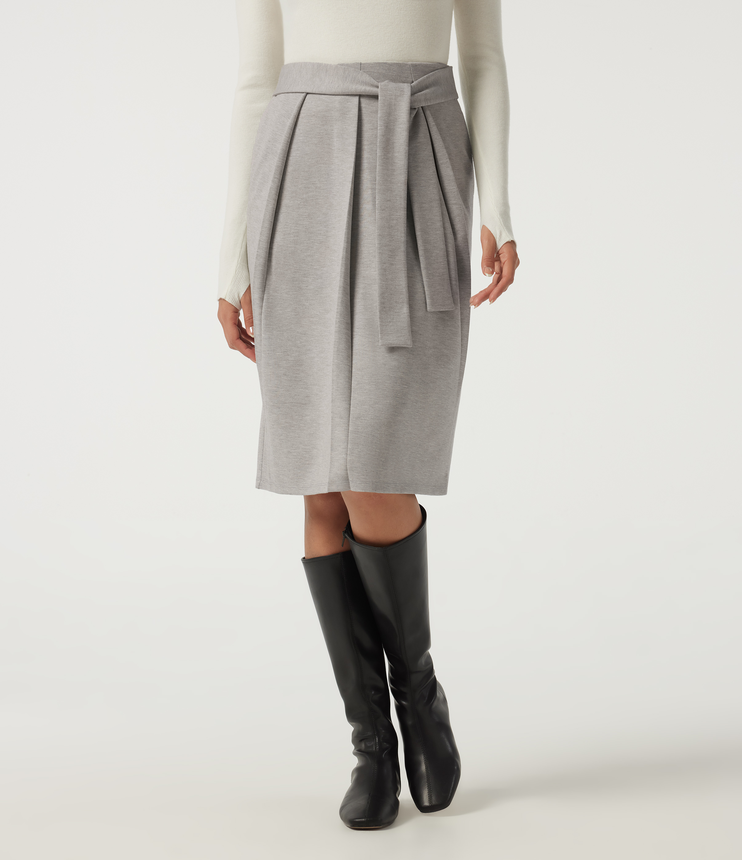 High Waisted Tie Front Work Midi Skirt with Pockets