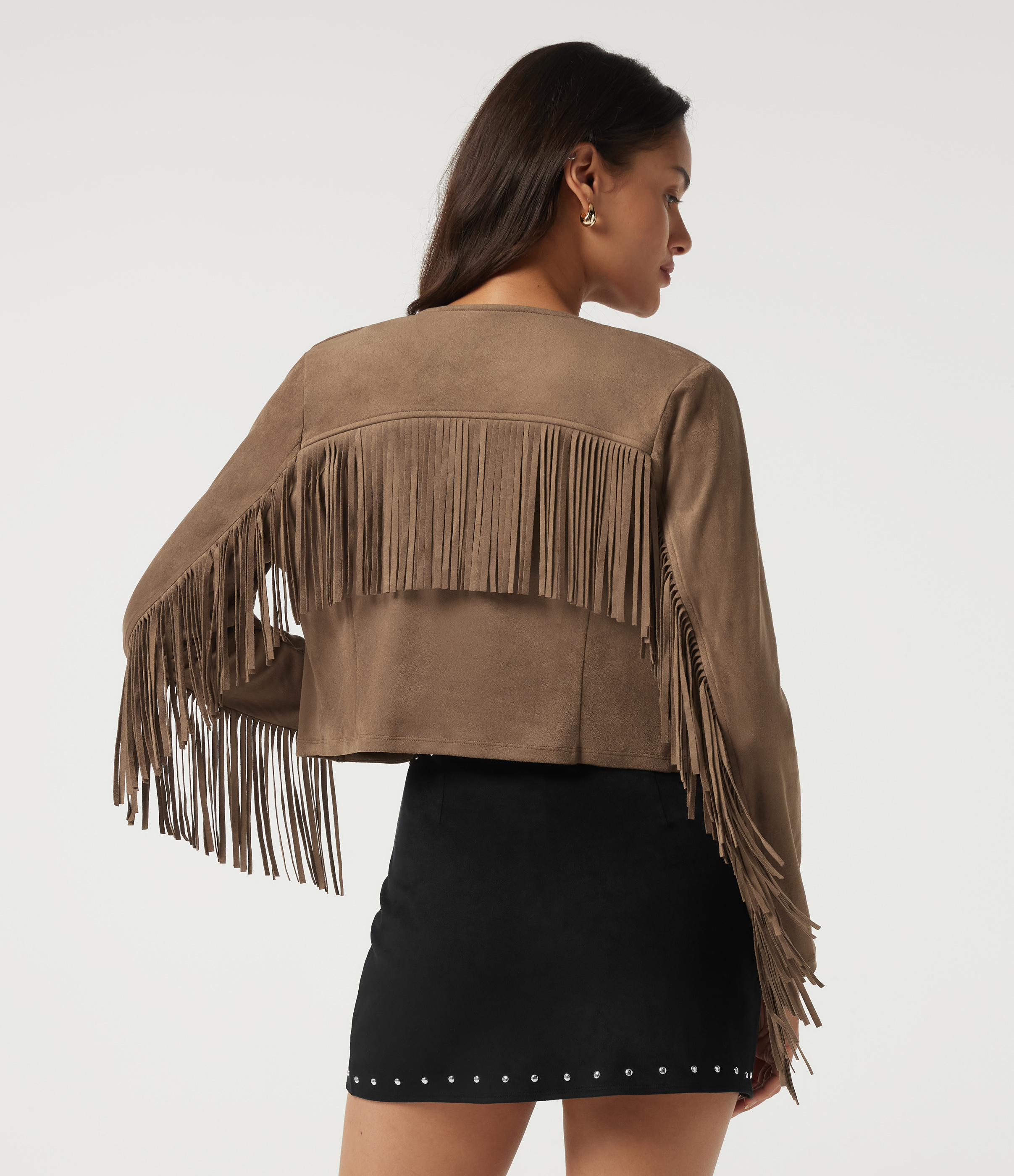 Coca Mocha V Neck Long Sleeve Fringe Suede Casual Blazer / 2