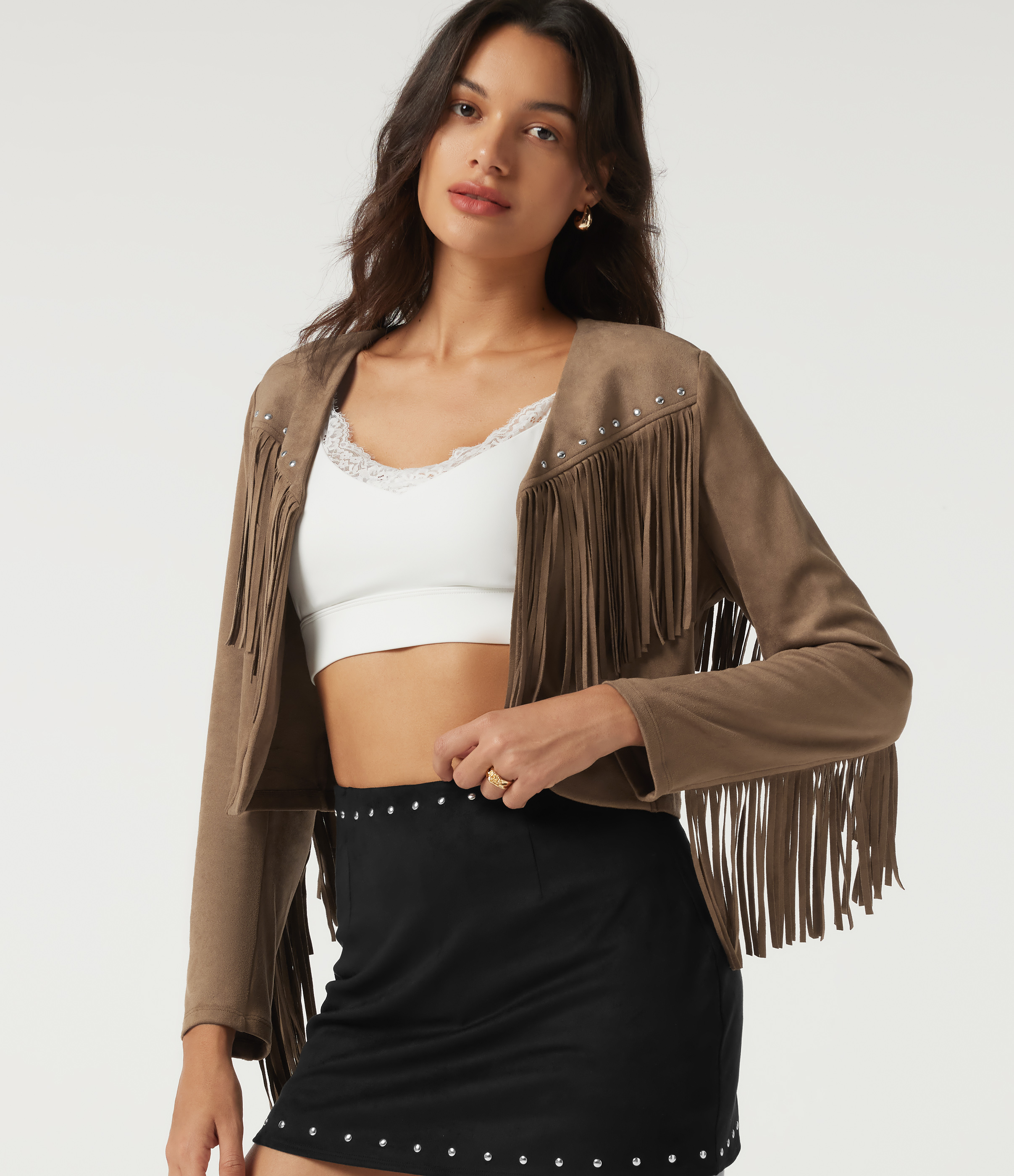 V Neck Long Sleeve Fringe Suede Casual Blazer