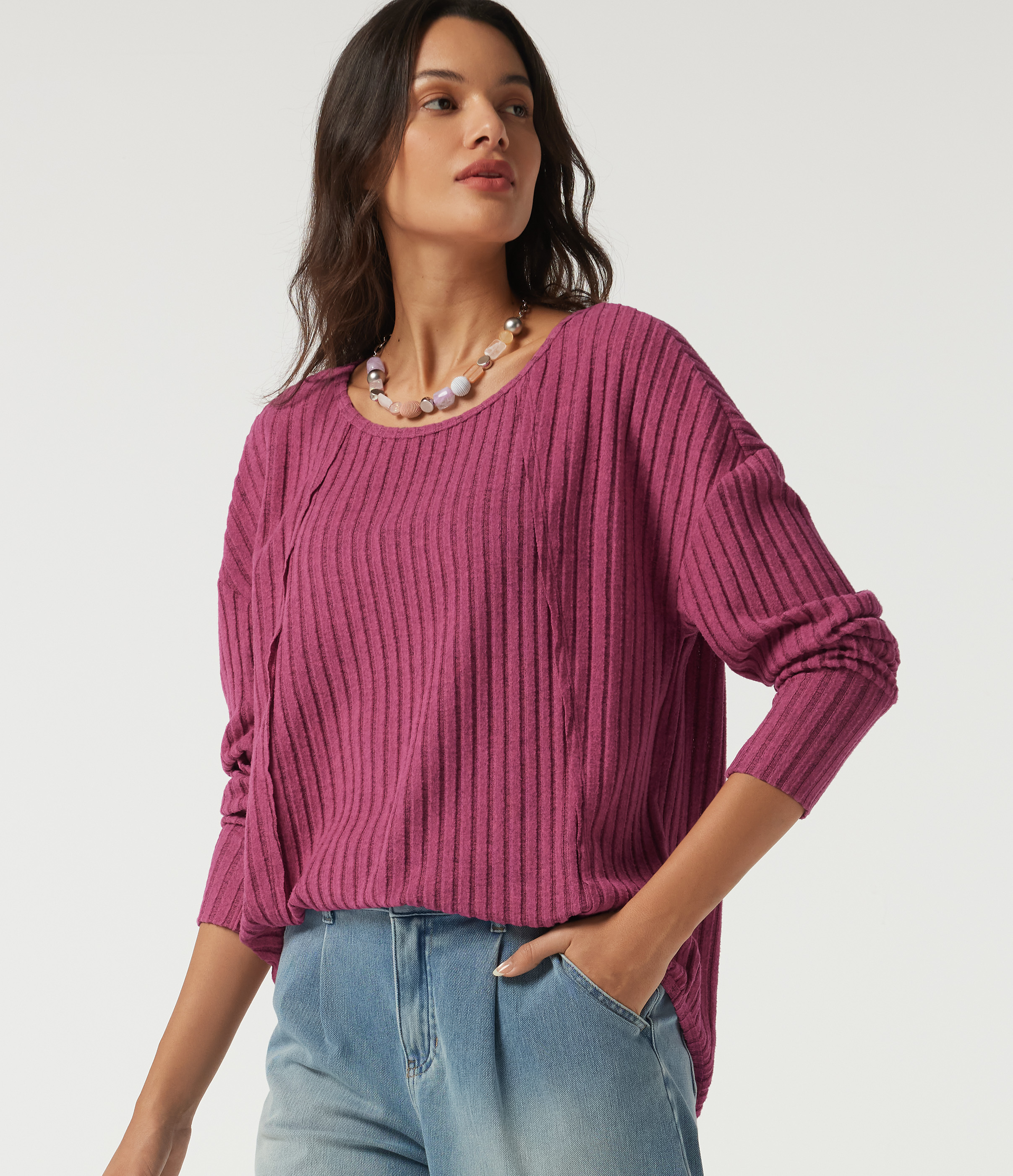 Ribbed Knit Scoop Neck Long Sleeve Ruched Curved Hem Casual Top