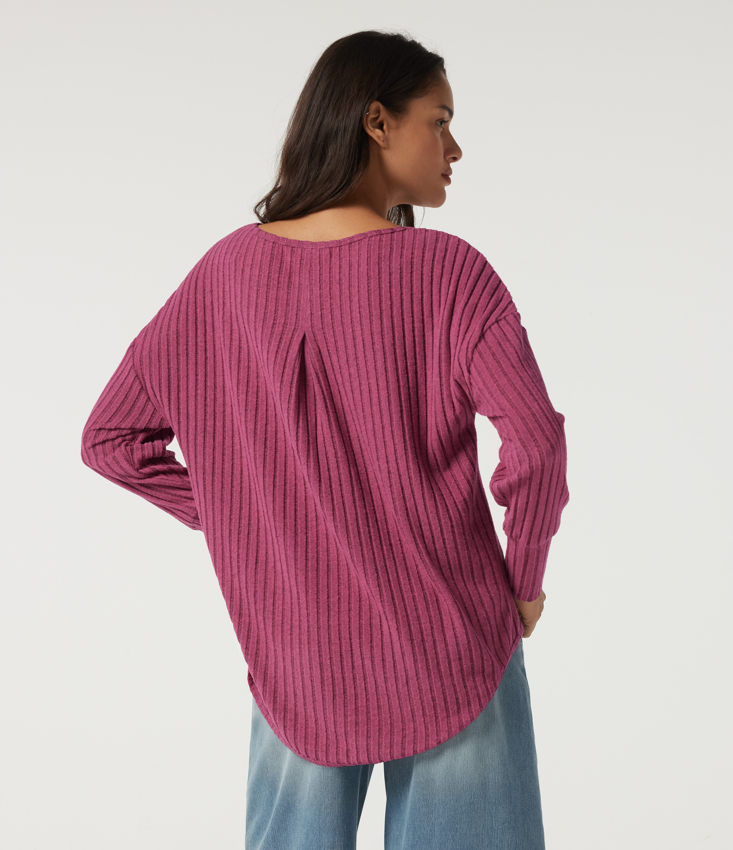 Mottled Peach Pink Ribbed Knit Scoop Neck Long Sleeve Ruched Curved Hem Casual Top / 2